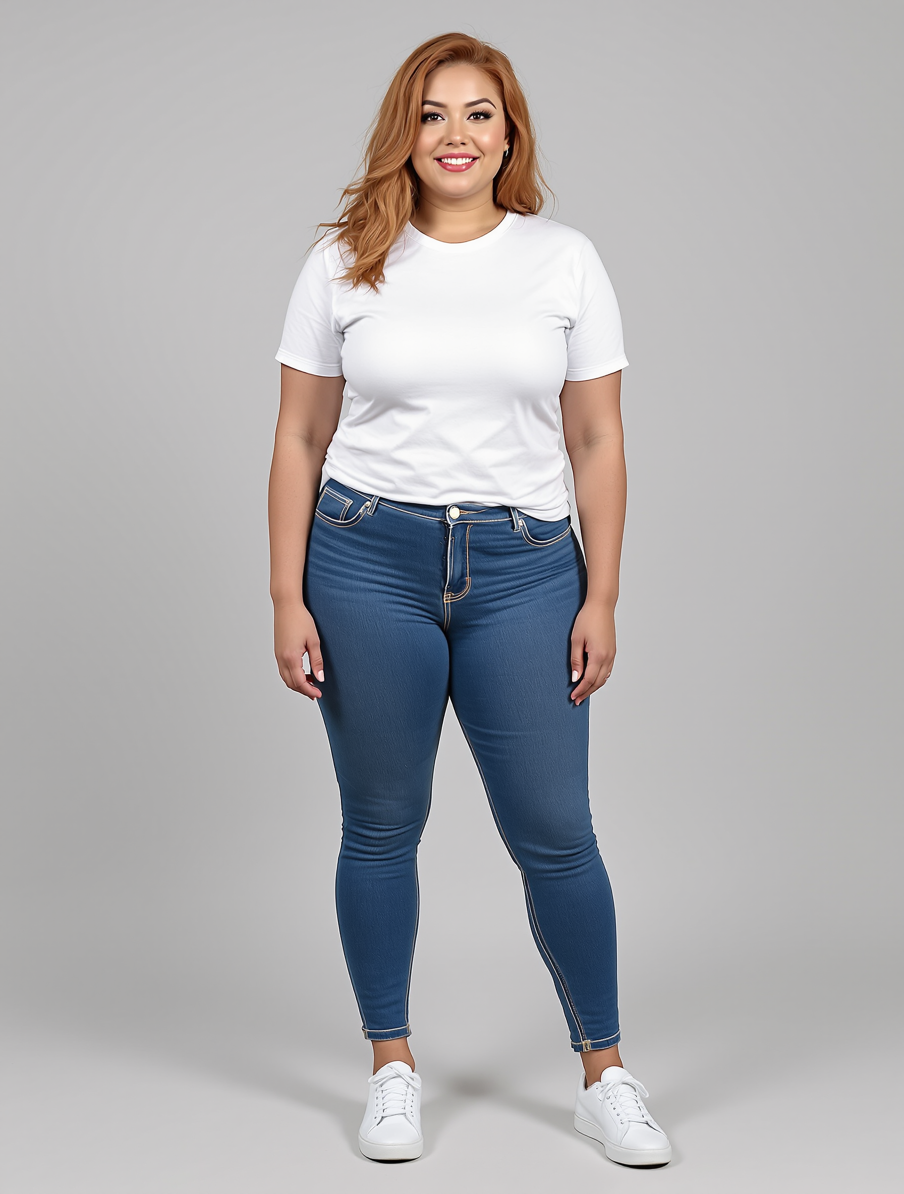 Person with auburn hair in white t-shirt and dark blue jeans