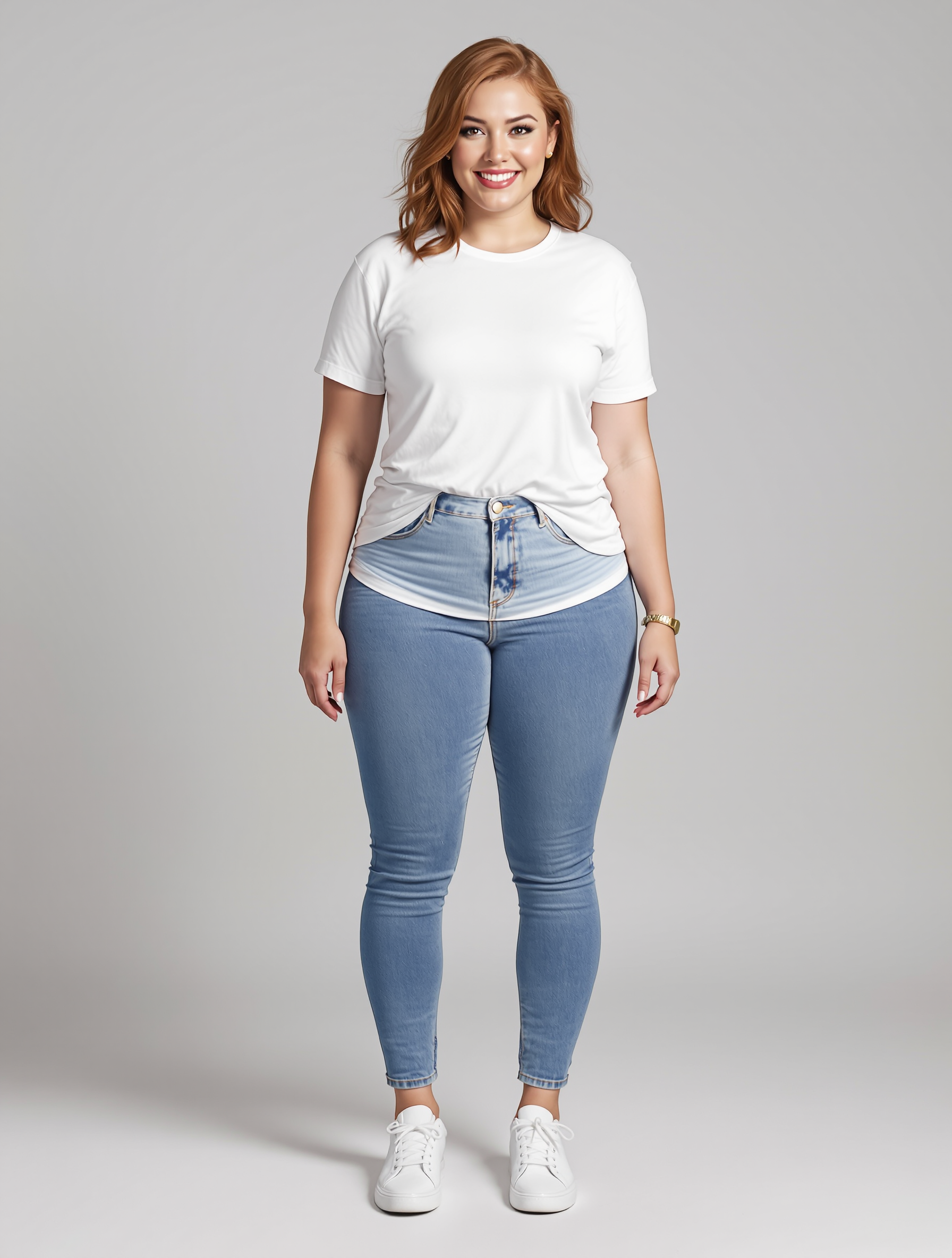 Woman in white t-shirt and blue skinny jeans with white sneakers