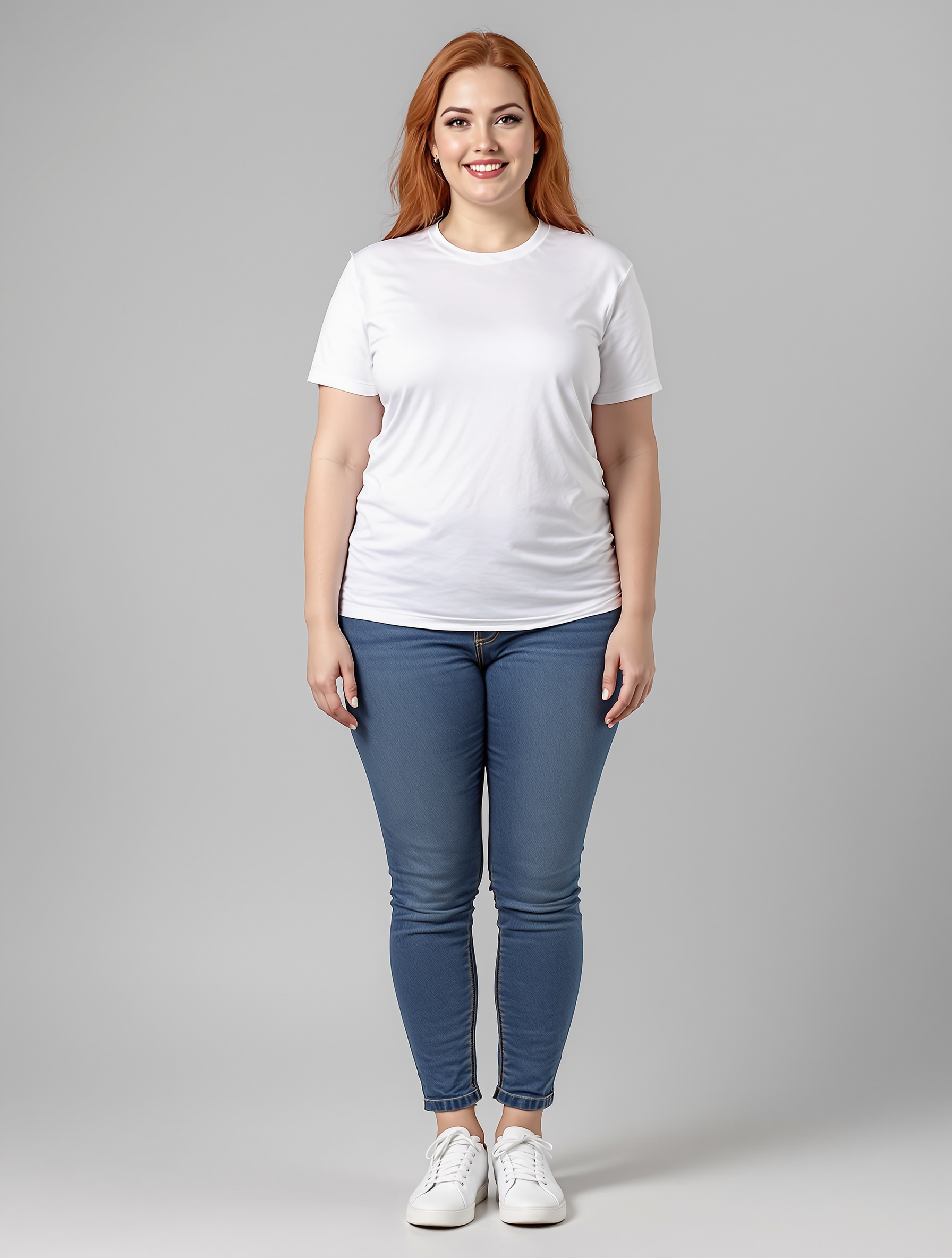 Woman with copper hair in white t-shirt and blue jeans