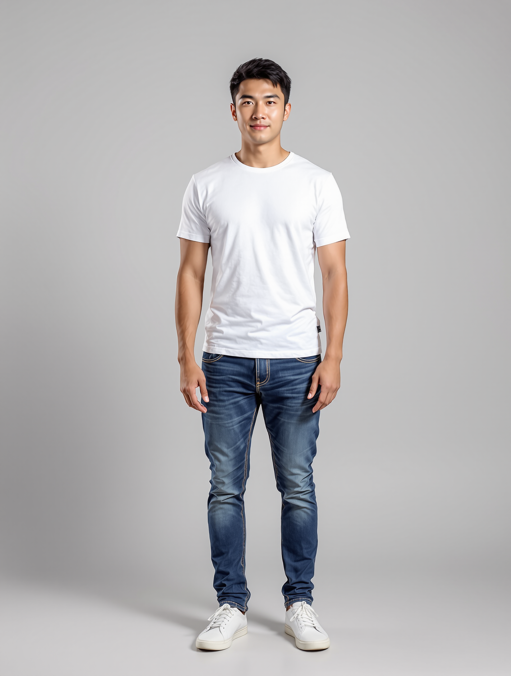 Person in white t-shirt and dark jeans with white sneakers