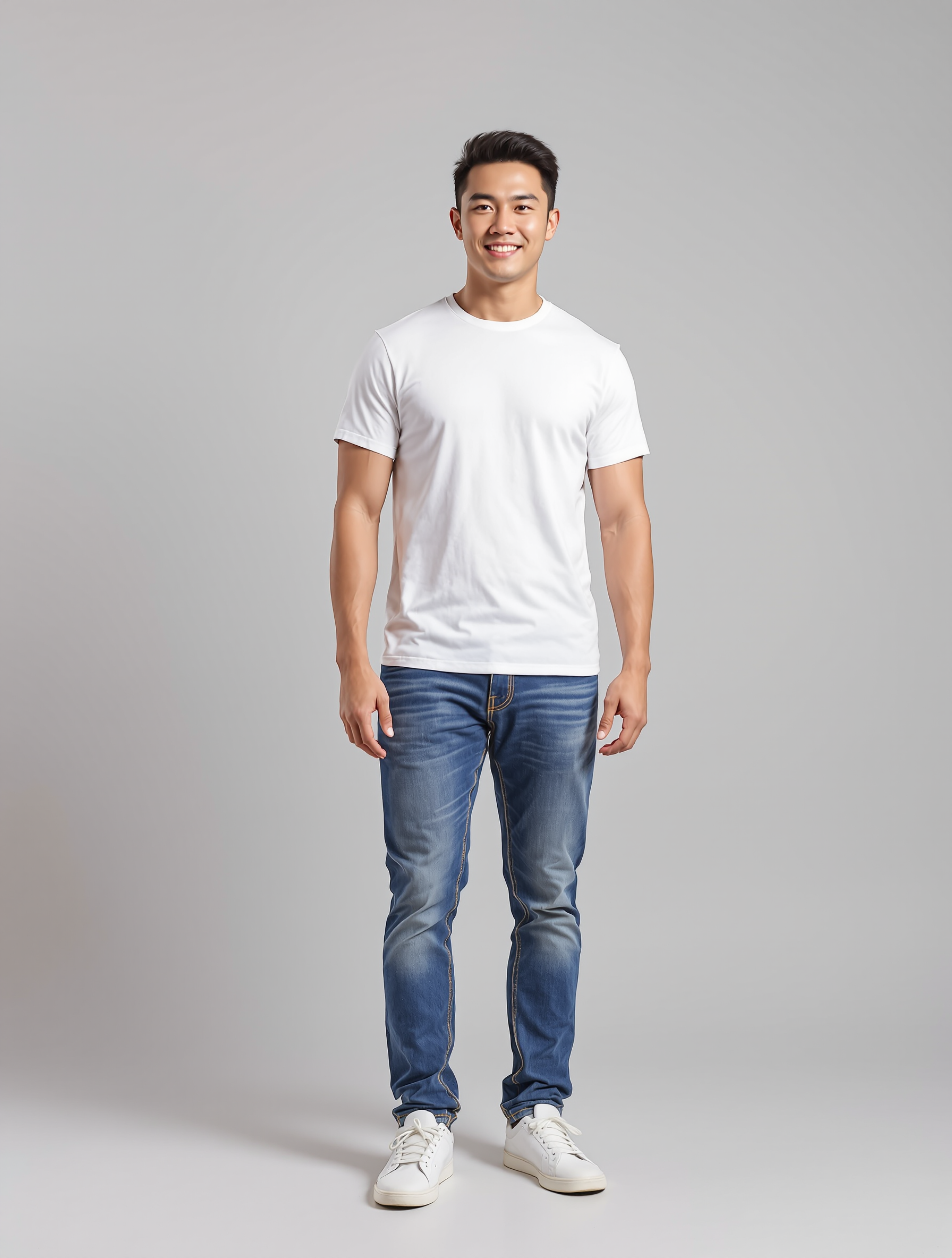 Man in white t-shirt and blue jeans smiling at camera
