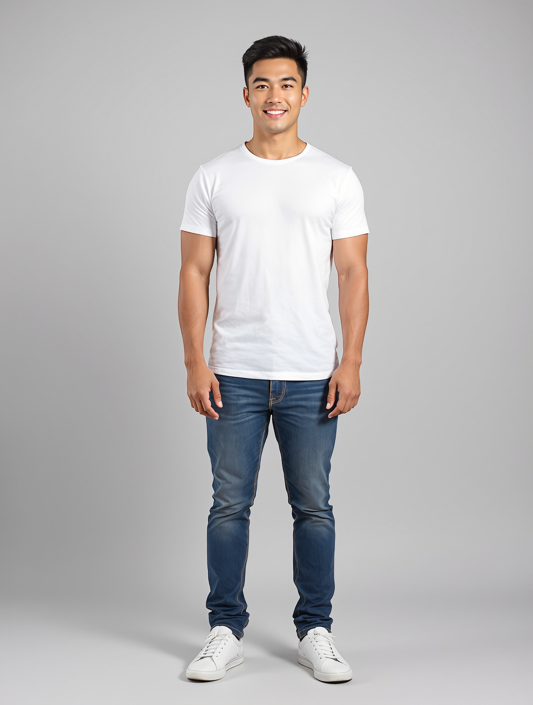 Man in white t-shirt and dark jeans standing pose
