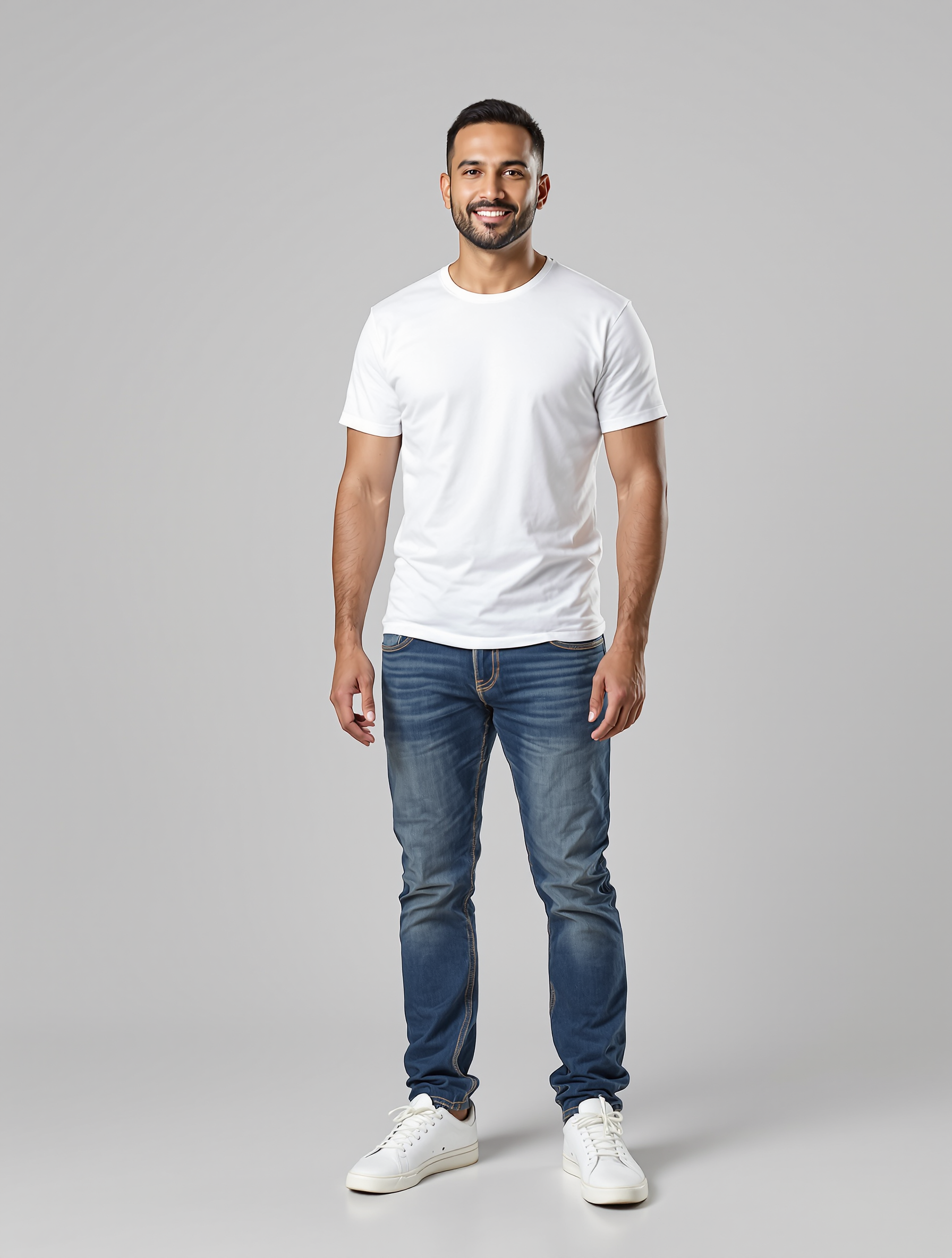 Man in white t-shirt and blue jeans smiling at camera