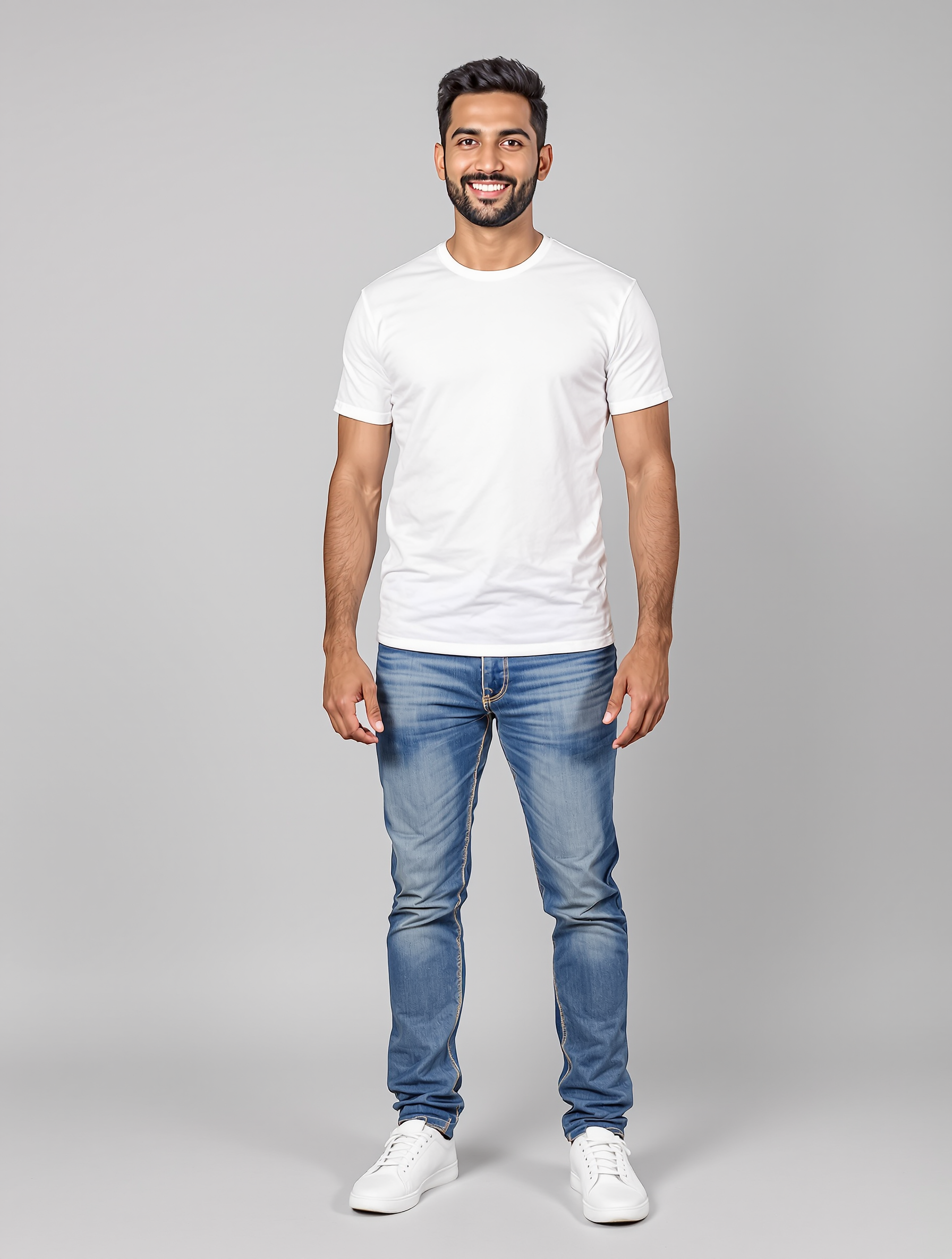 Man in white t-shirt and blue jeans standing against gray background