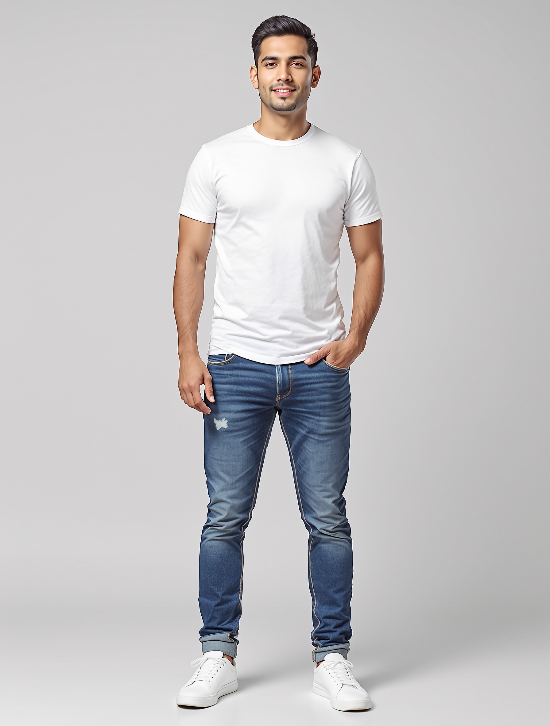 Man in white t-shirt and distressed blue jeans with white sneakers