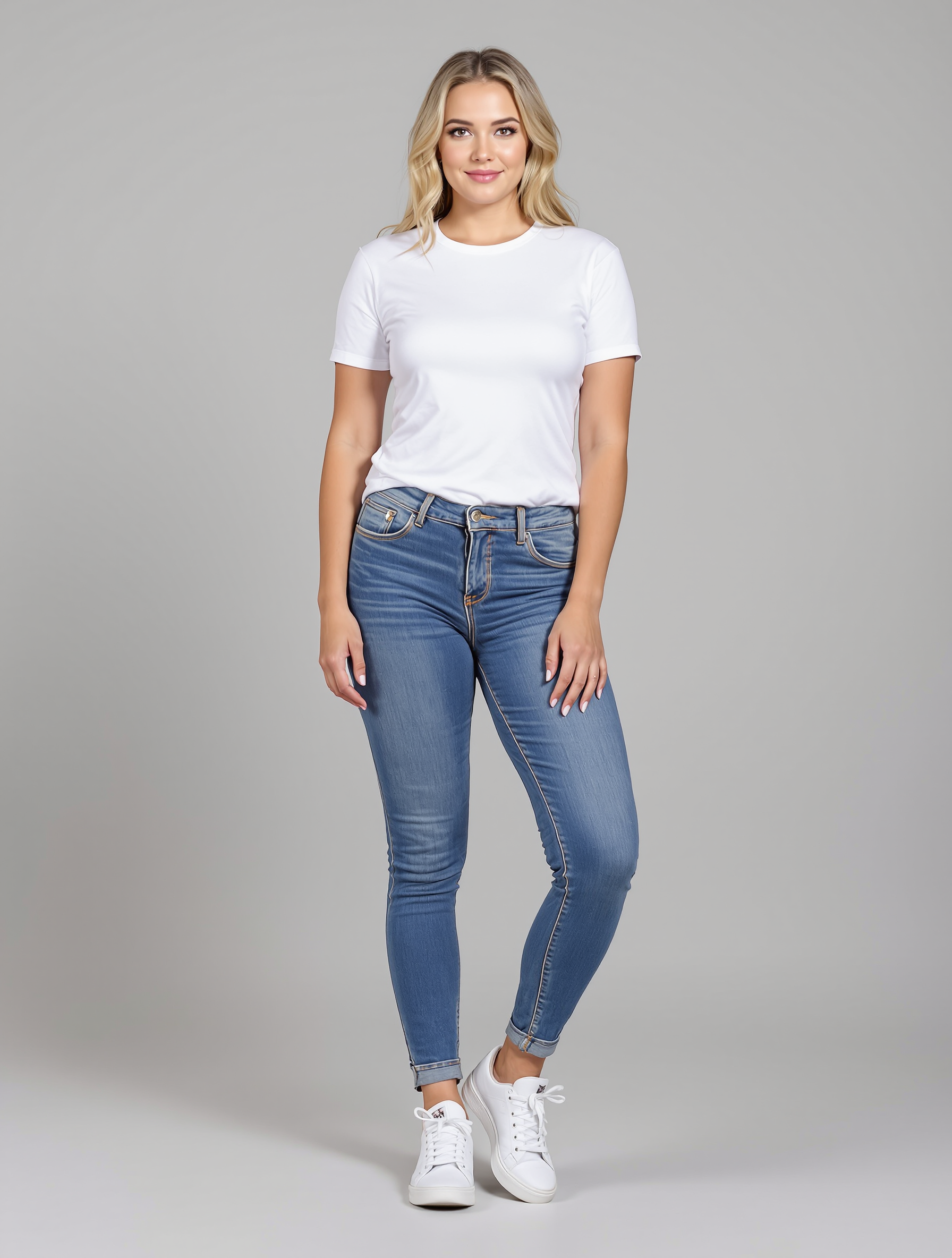 Woman in white t-shirt and blue skinny jeans with white sneakers