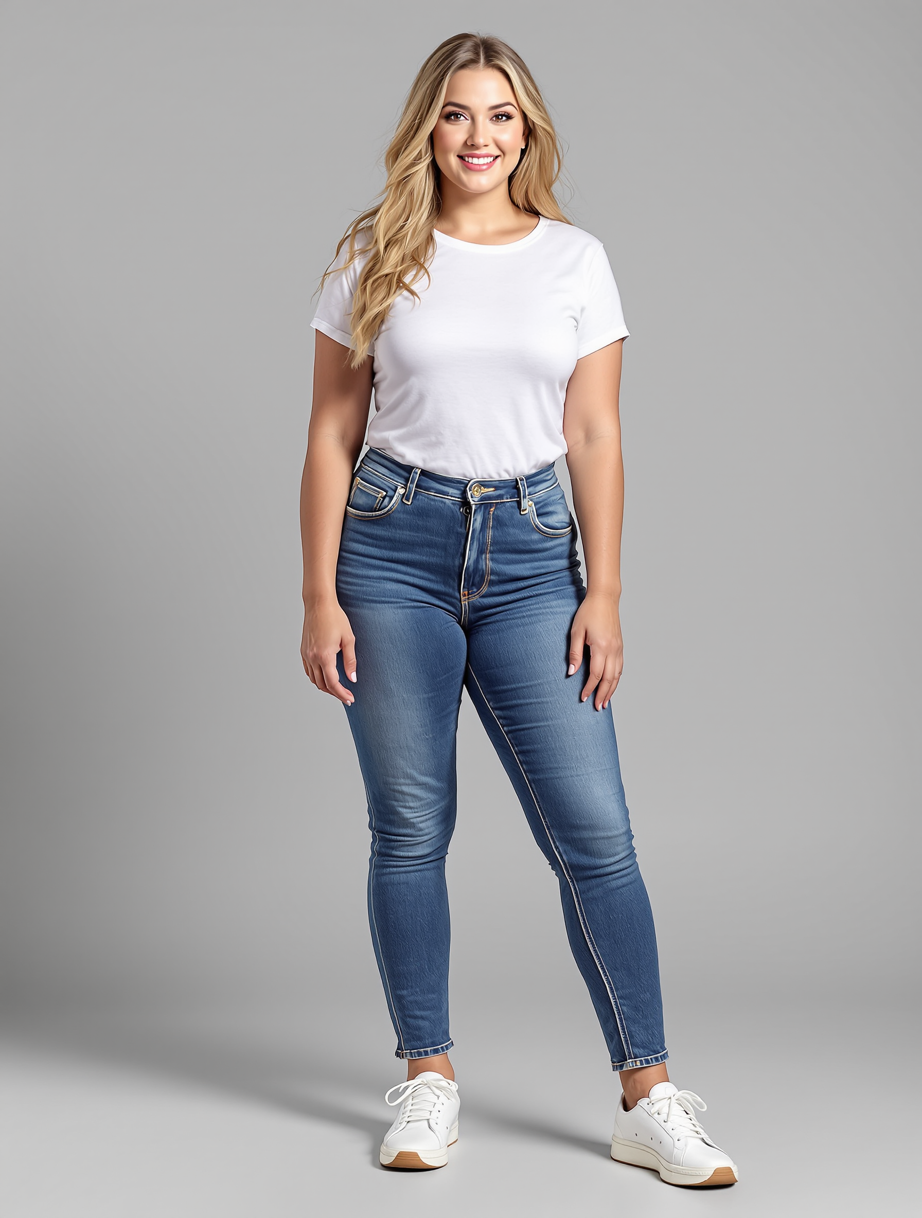 Person in white t-shirt and blue skinny jeans with white sneakers