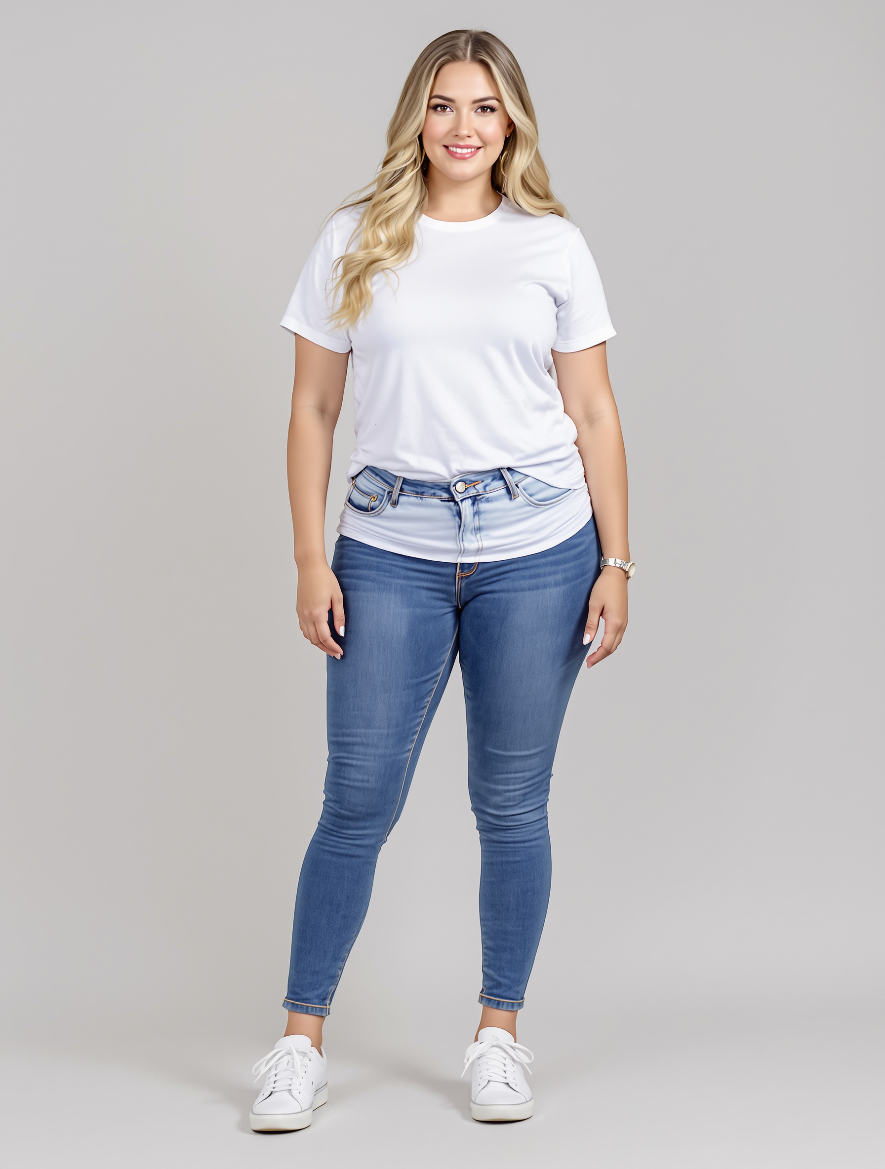 Woman in white crew neck tee and blue skinny jeans