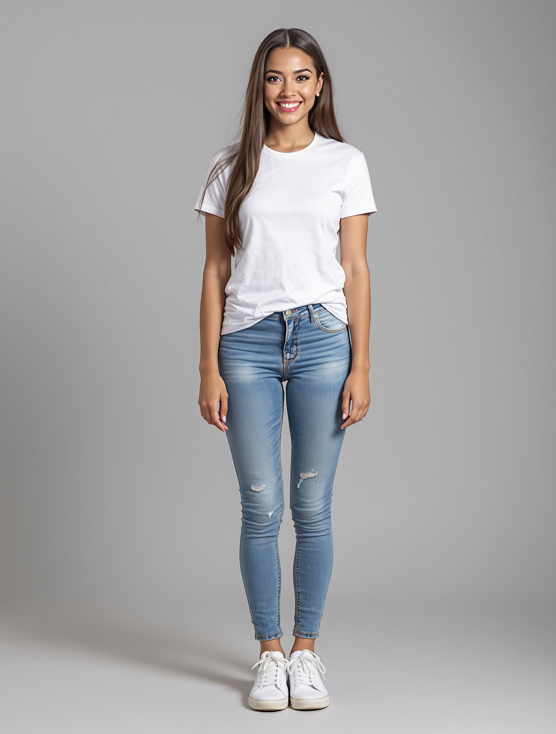 Woman in white t-shirt and distressed blue jeans with white sneakers