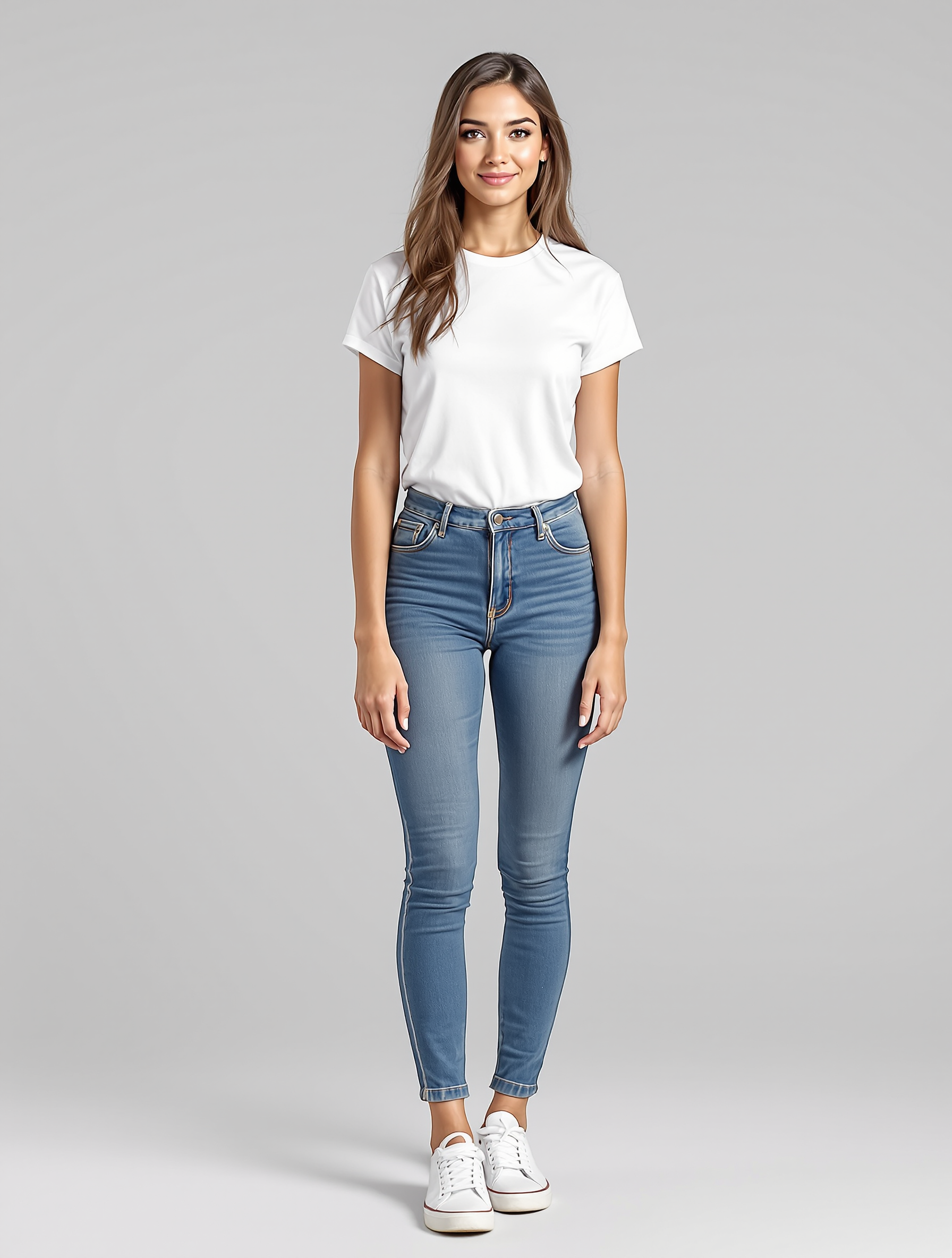 Woman in white t-shirt and blue skinny jeans with white sneakers