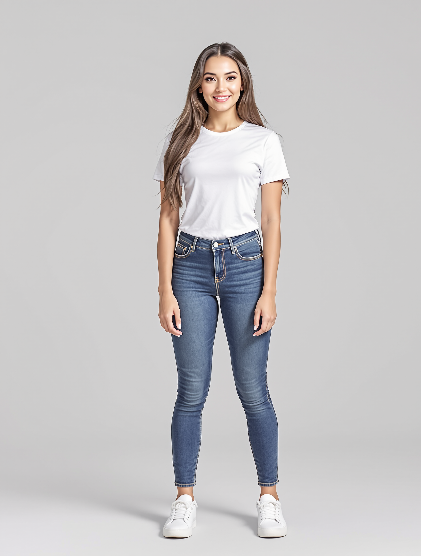 Person in white t-shirt and blue skinny jeans with white sneakers