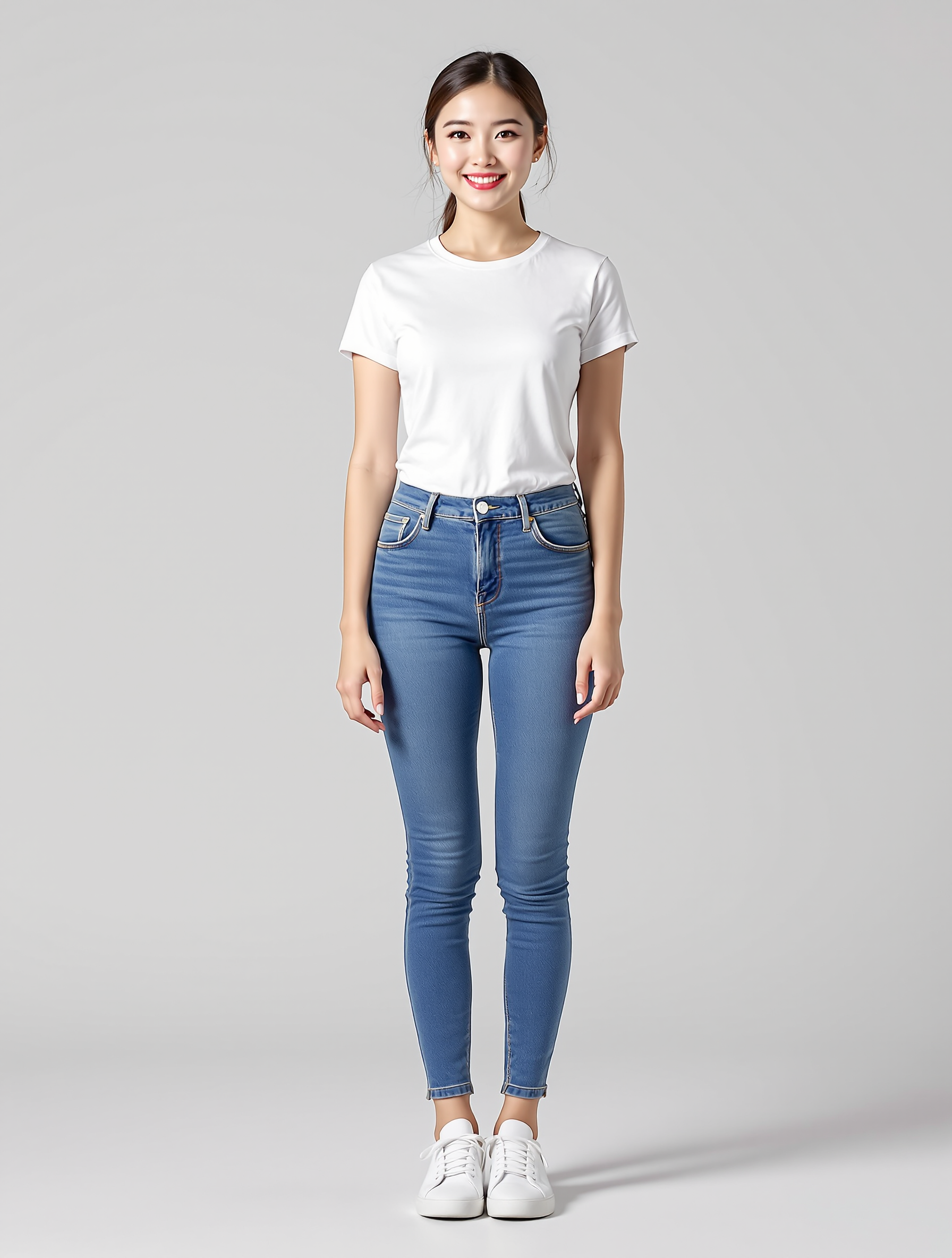 Woman in white t-shirt and blue skinny jeans with white sneakers