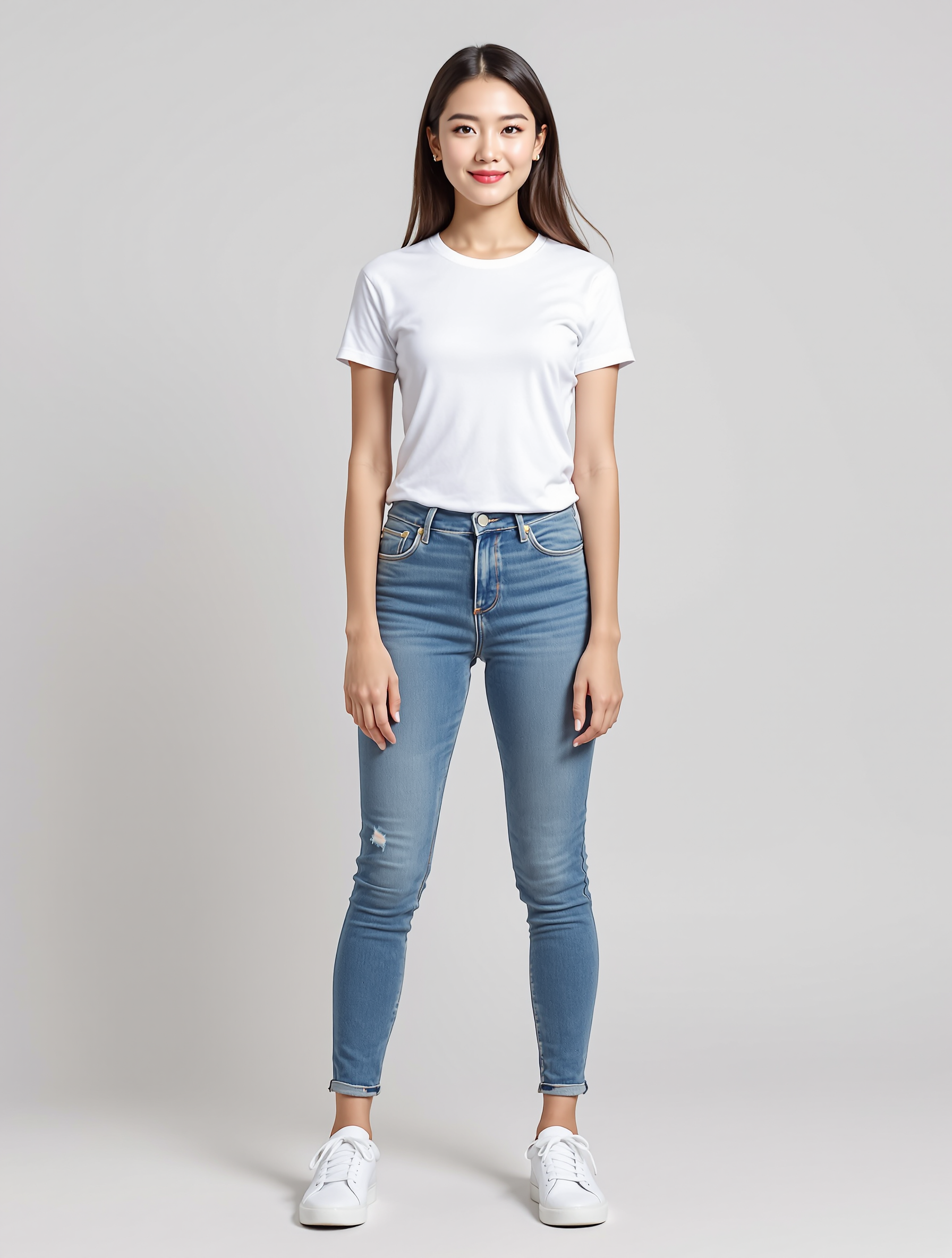 Person in white tee and distressed blue jeans standing against gray background