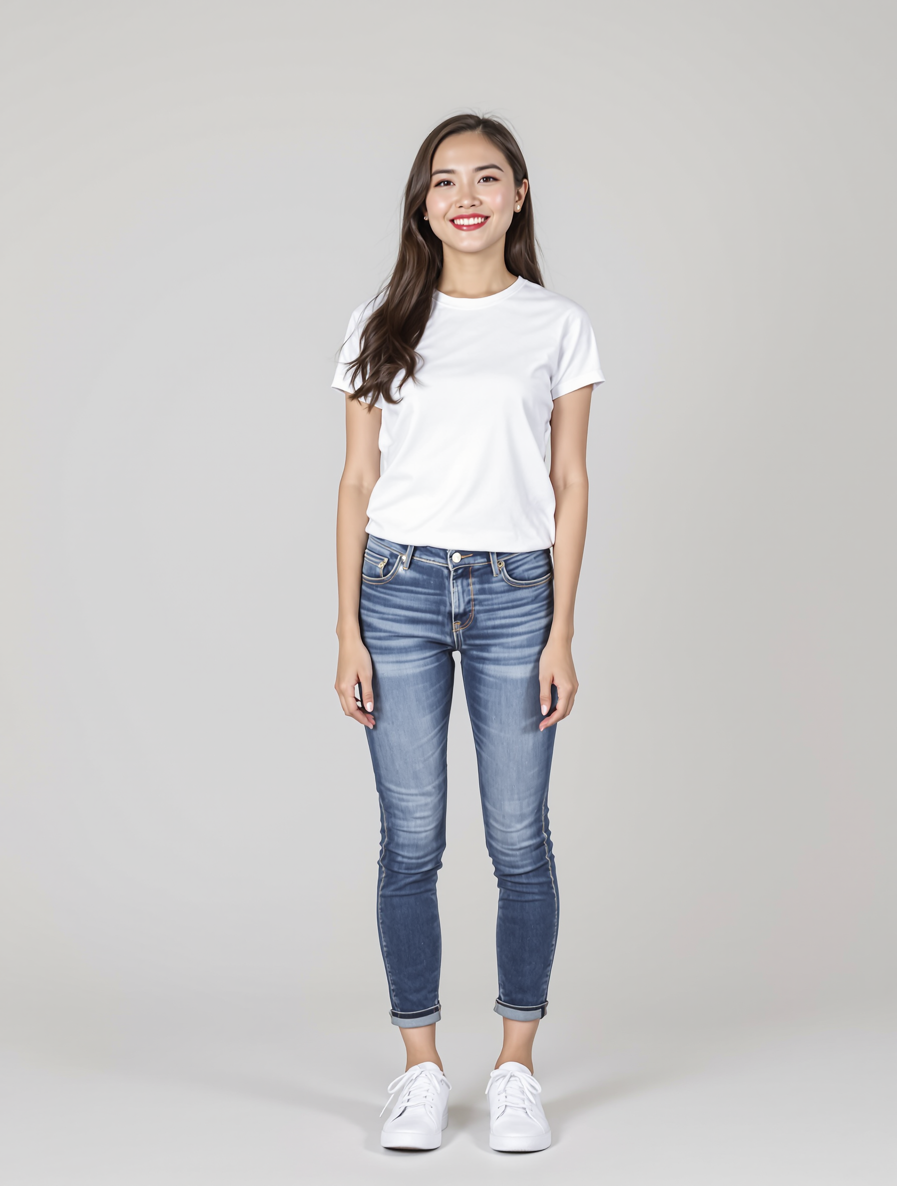 Woman in white t-shirt and rolled blue jeans with white sneakers