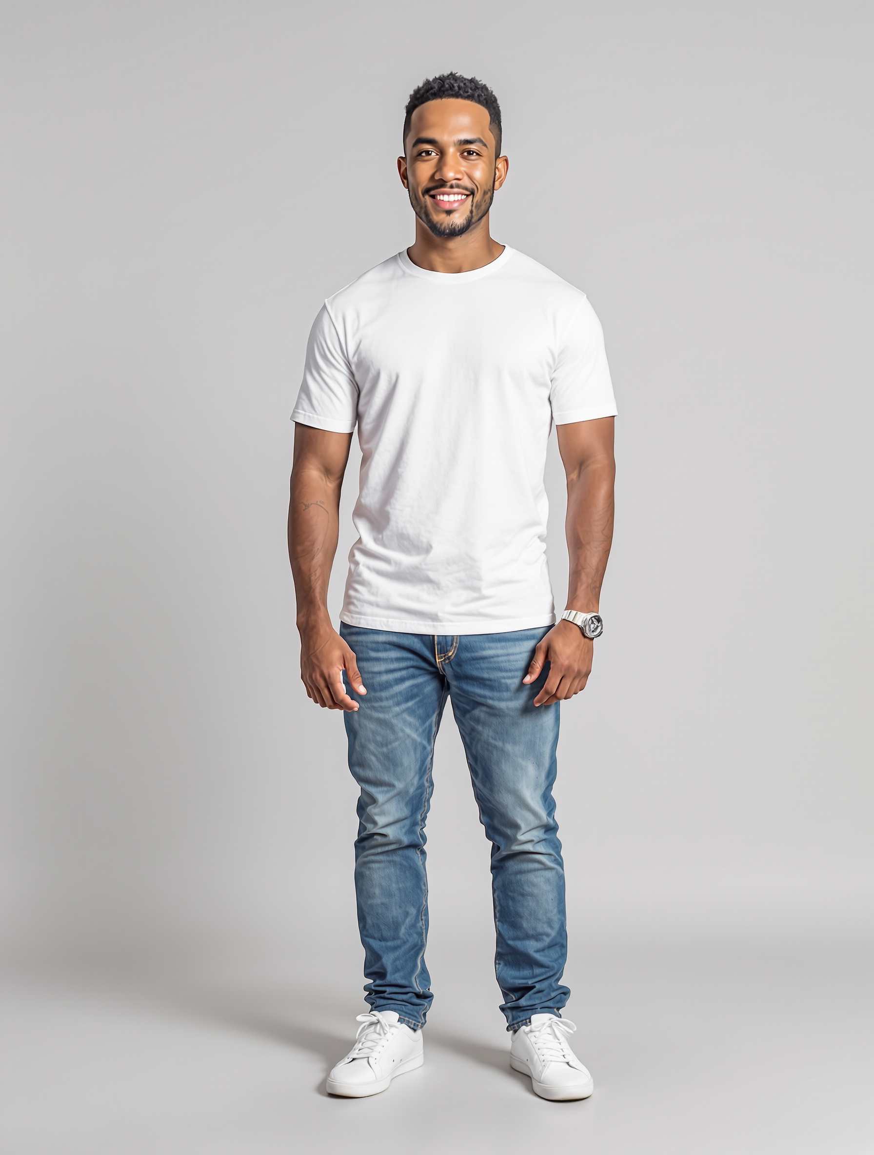 Man in white t-shirt and blue jeans with white sneakers