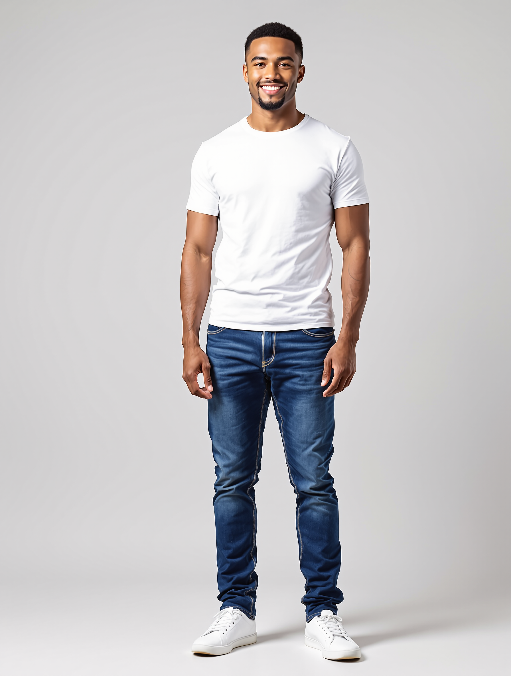 Man in white t-shirt and dark blue jeans with white sneakers