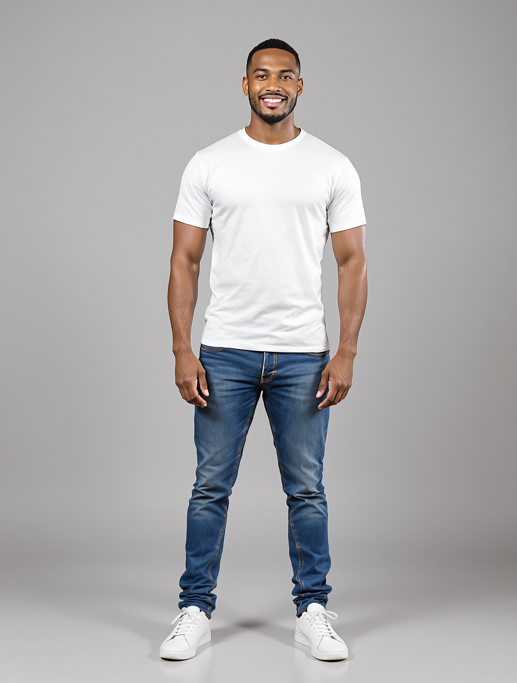 Man in white t-shirt and blue jeans with white sneakers