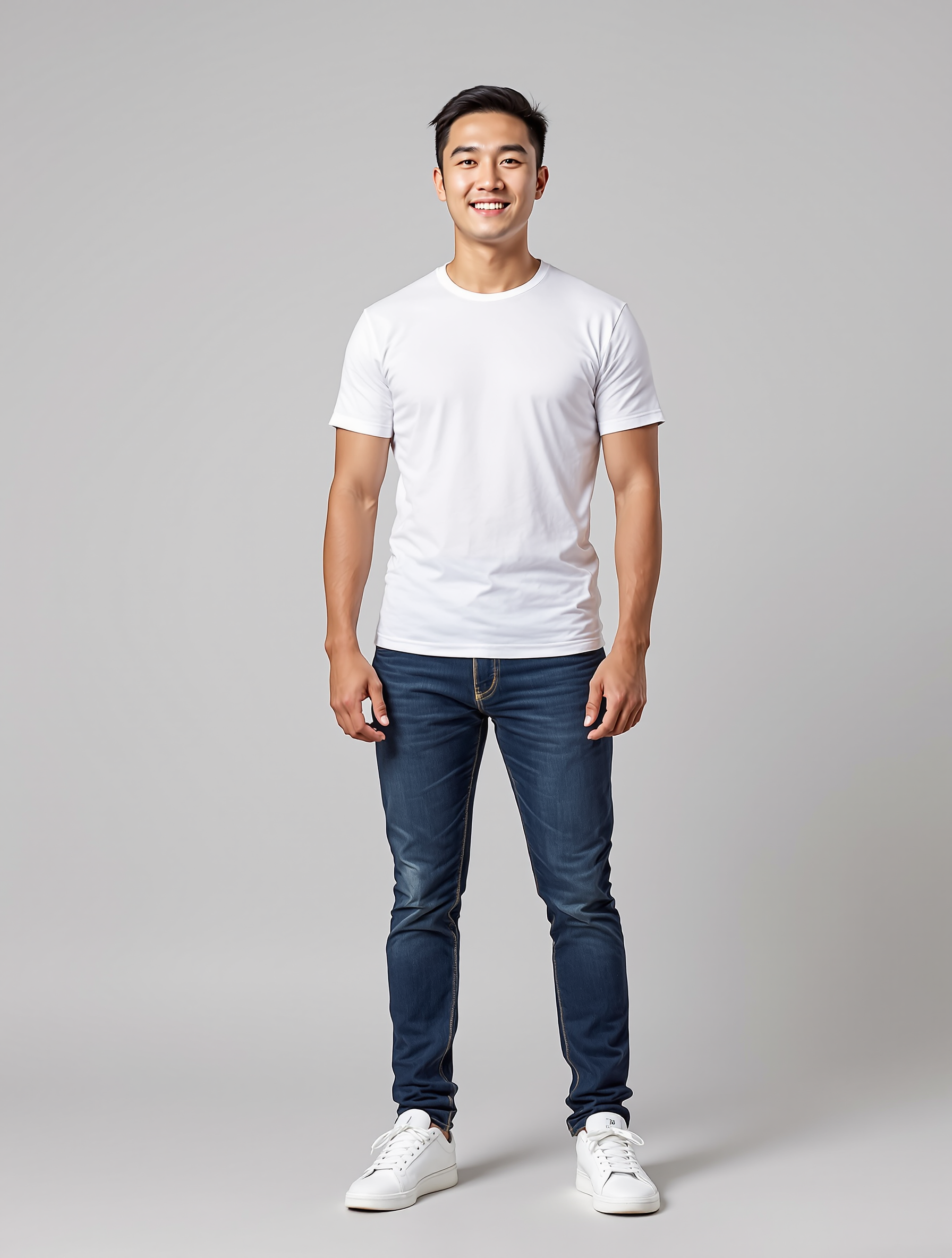 Young man in white t-shirt and dark jeans smiling at camera