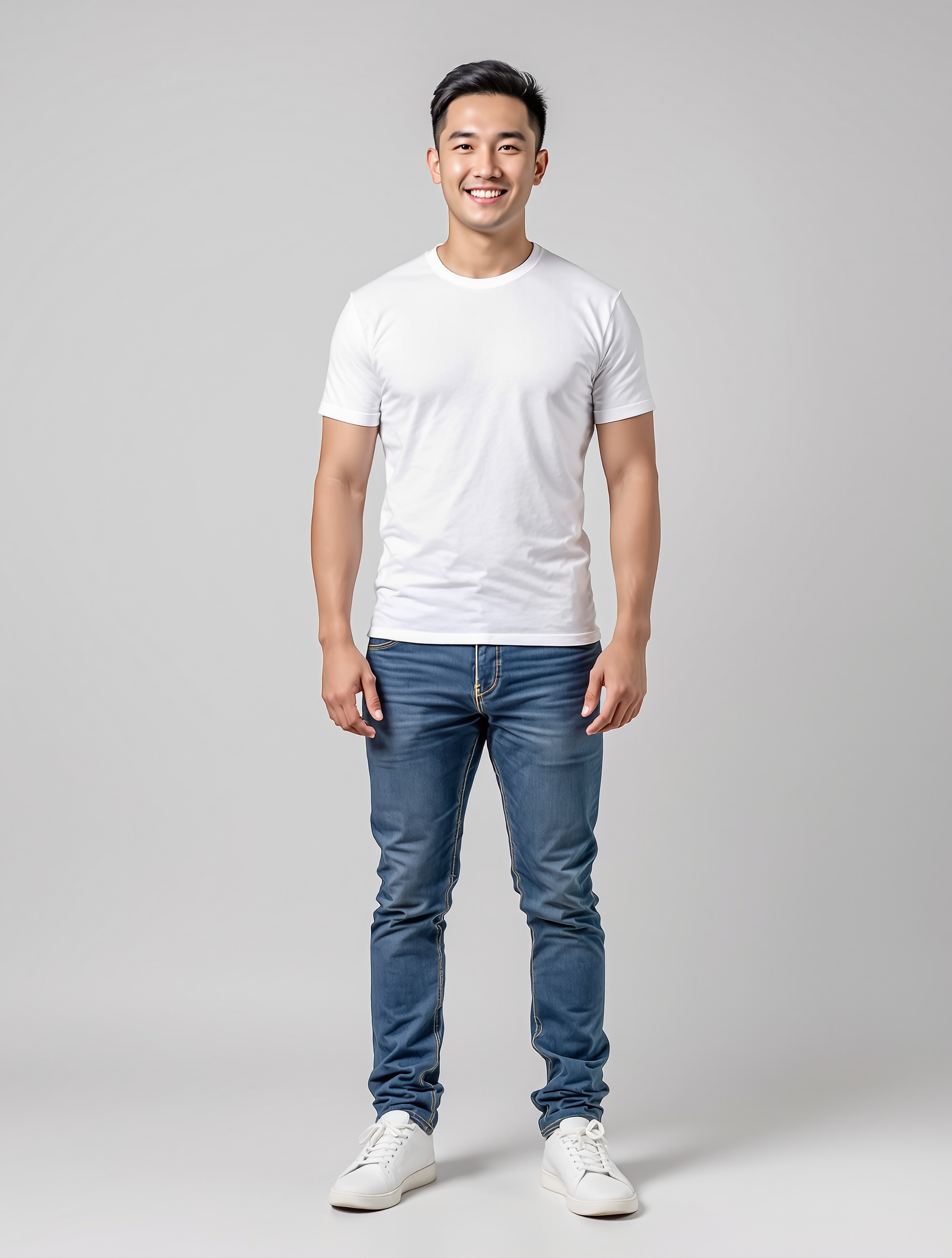 Man in white t-shirt and blue jeans smiling at camera