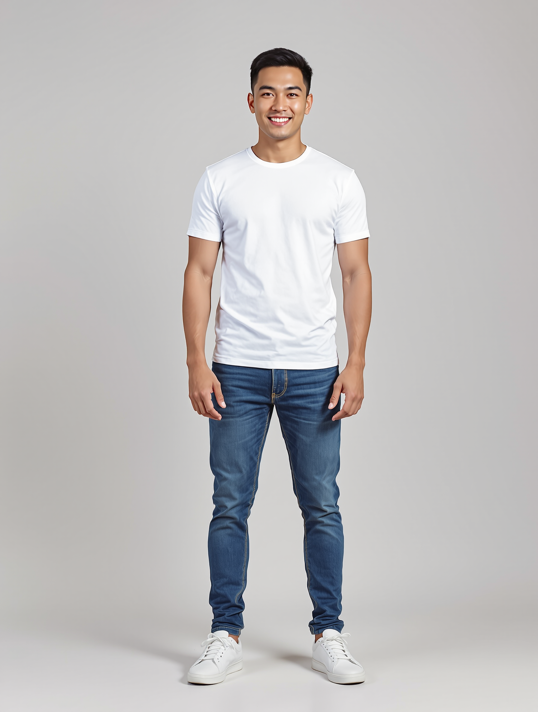 Man in white t-shirt and dark blue jeans standing against gray background