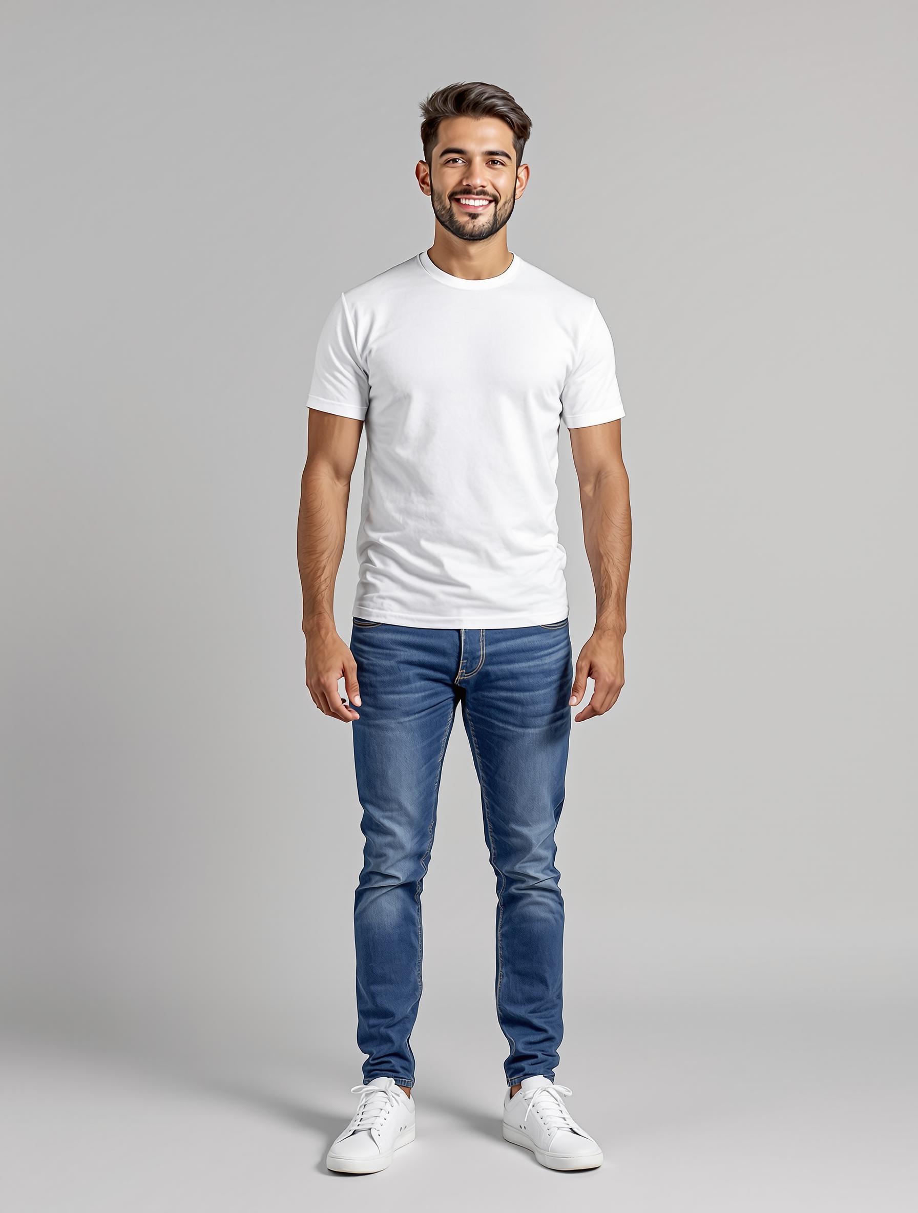 Man in white t-shirt and blue jeans smiling at camera