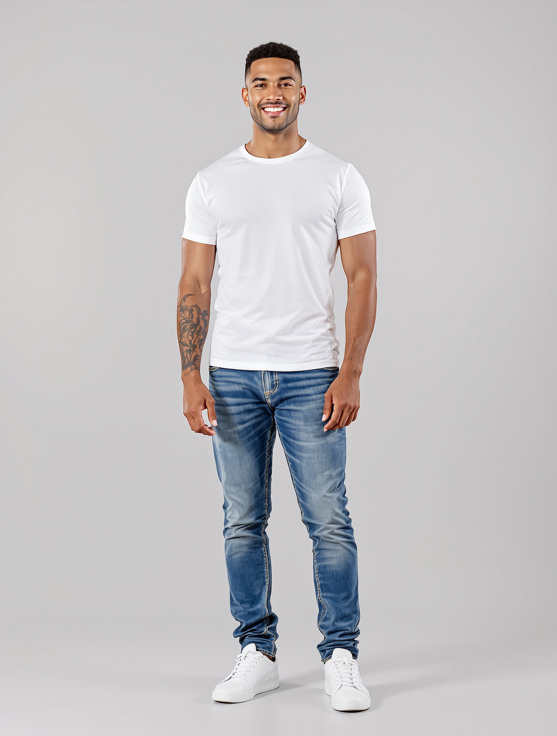 Man in white t-shirt and blue jeans smiling at camera