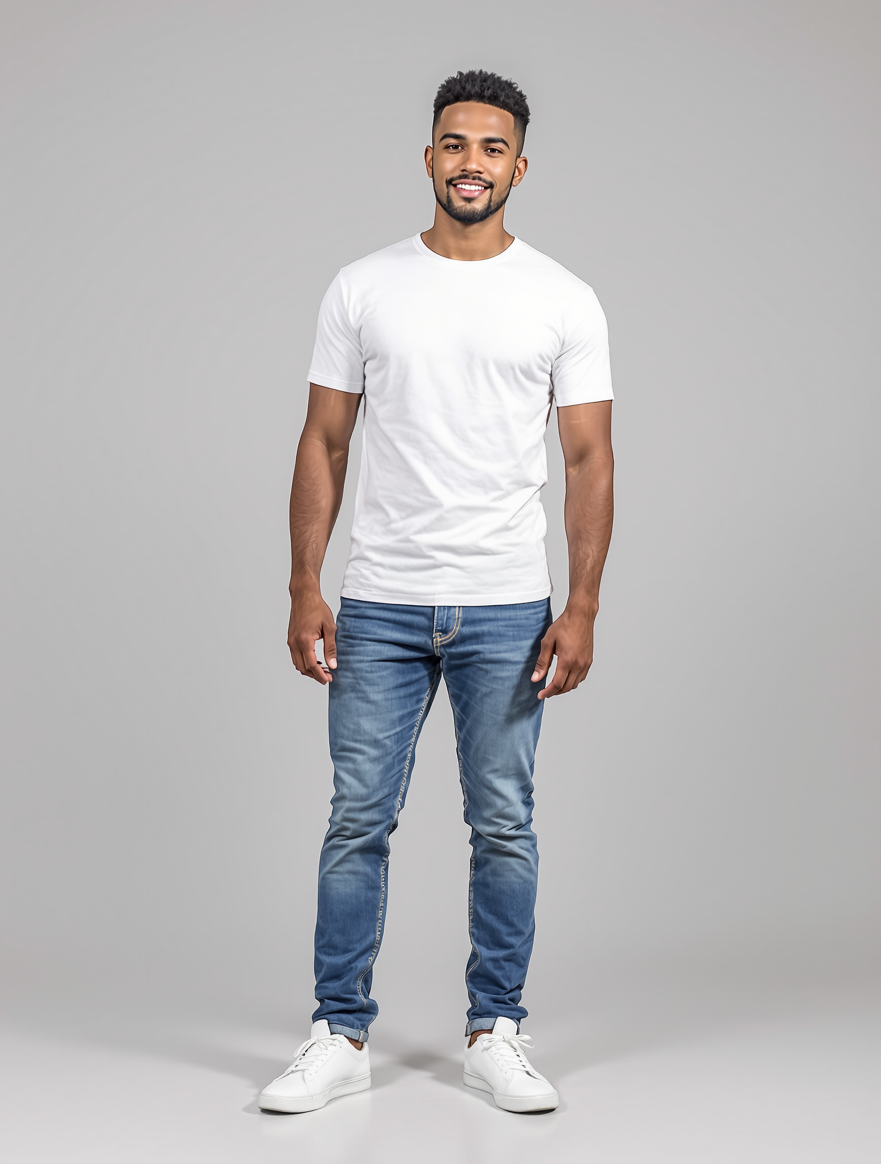 Man in white crew neck t-shirt and blue jeans standing against gray background
