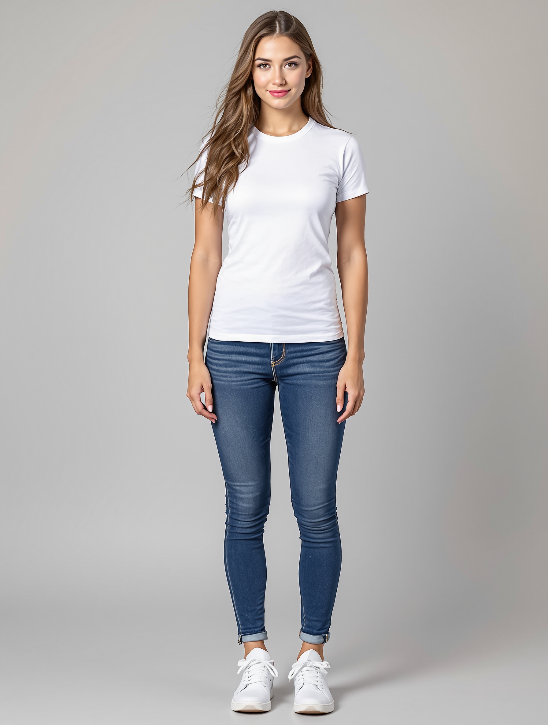 Woman in white t-shirt and rolled blue jeans with white sneakers