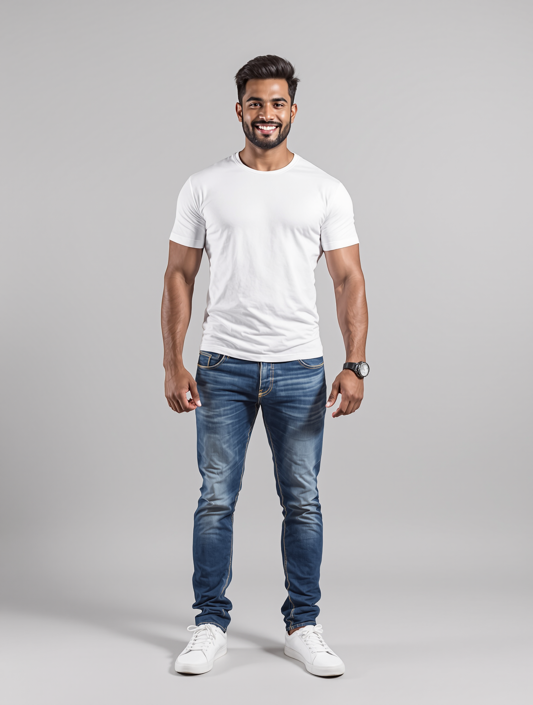 Man in white t-shirt and dark jeans smiling at camera