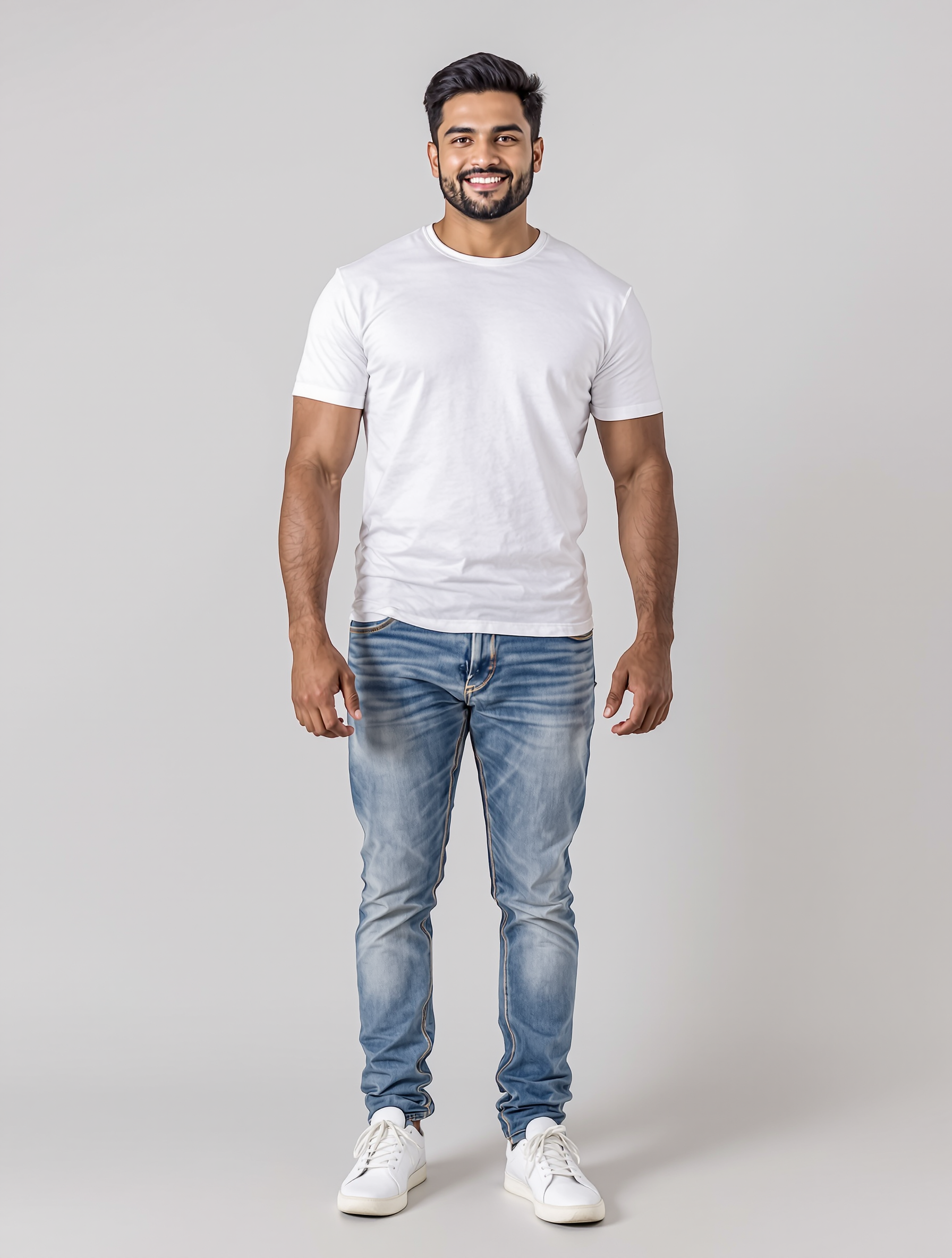 Man in white t-shirt and blue jeans smiling at camera