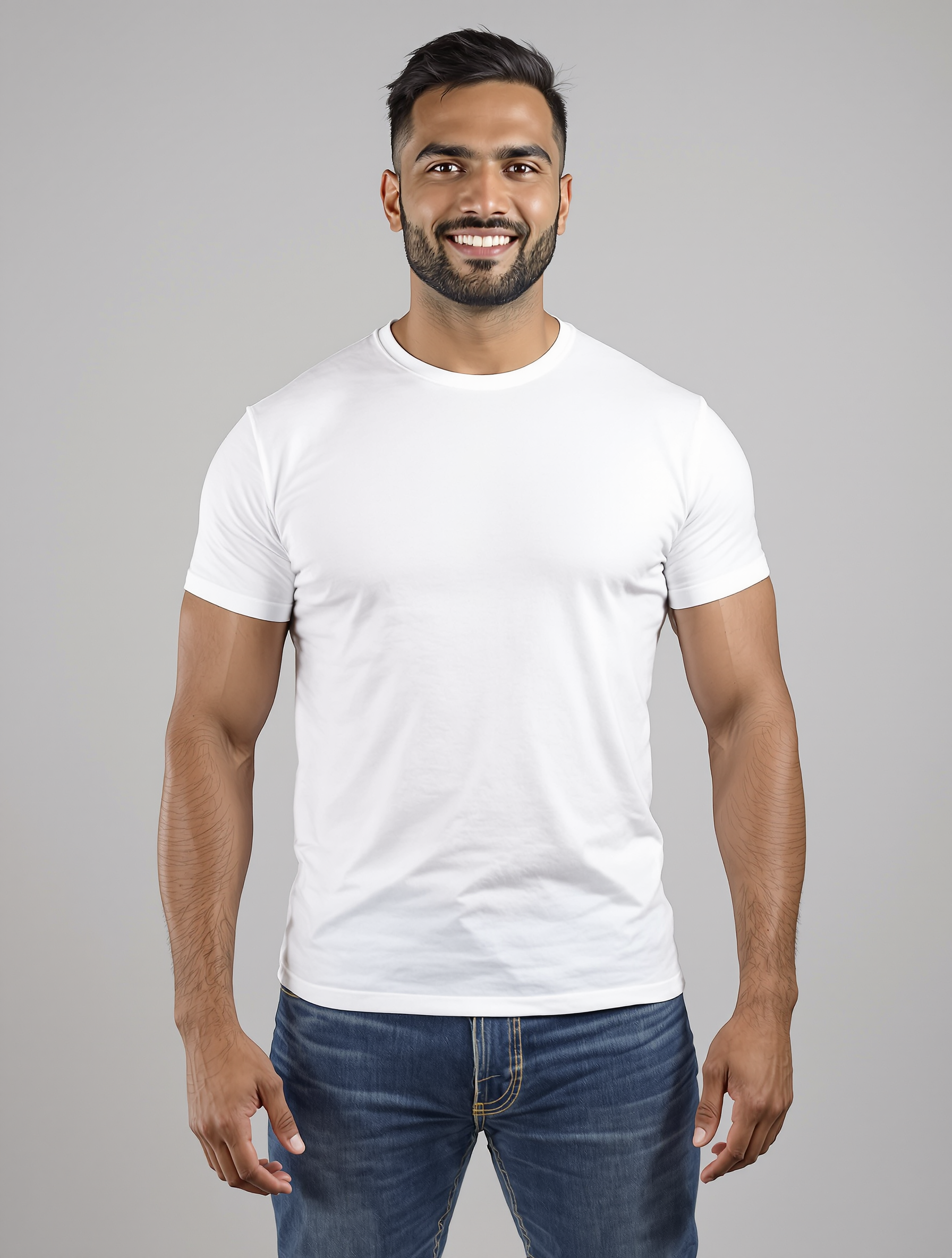 Man in white t-shirt and dark jeans smiling at camera