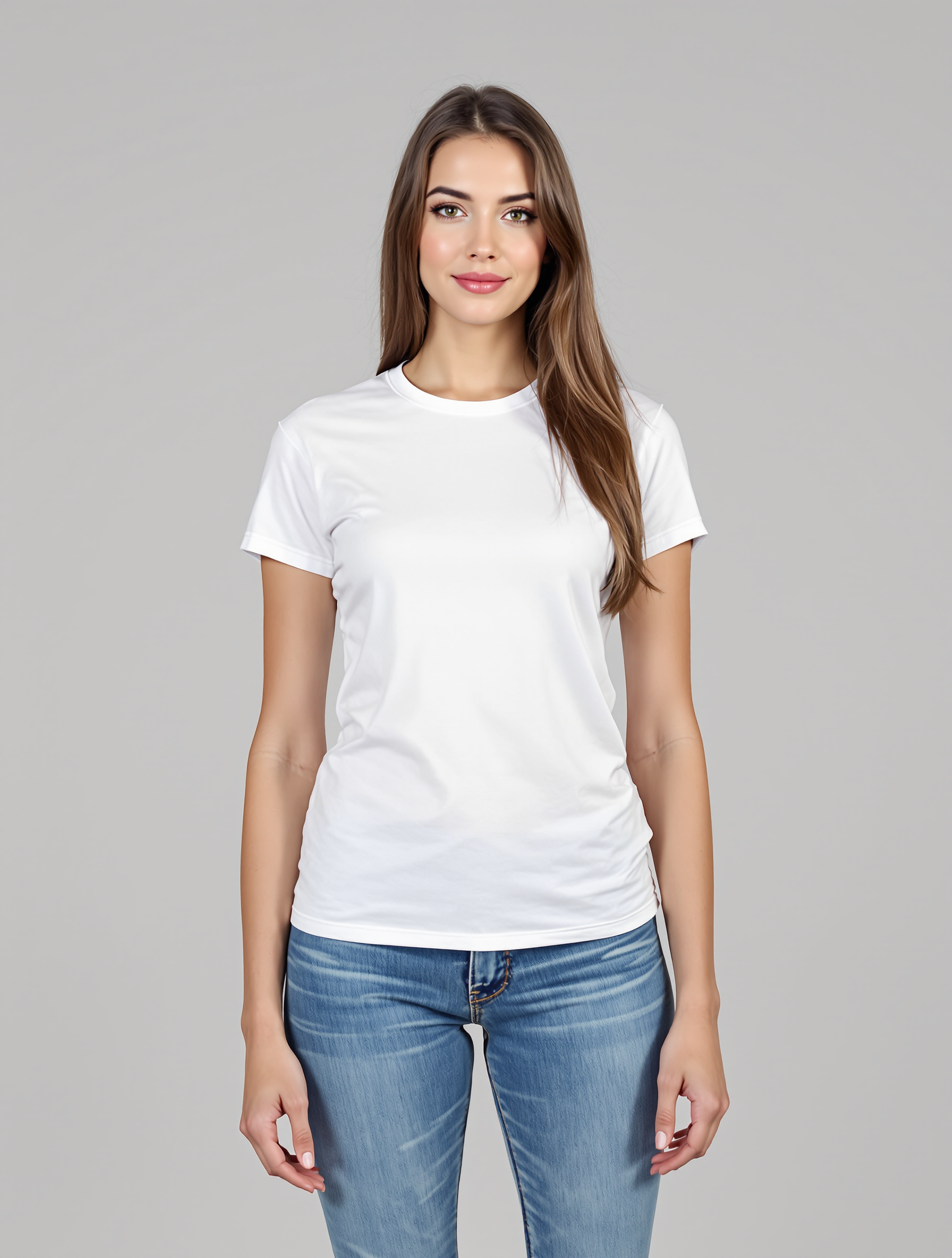 Woman in white crew neck tee and blue jeans against gray background