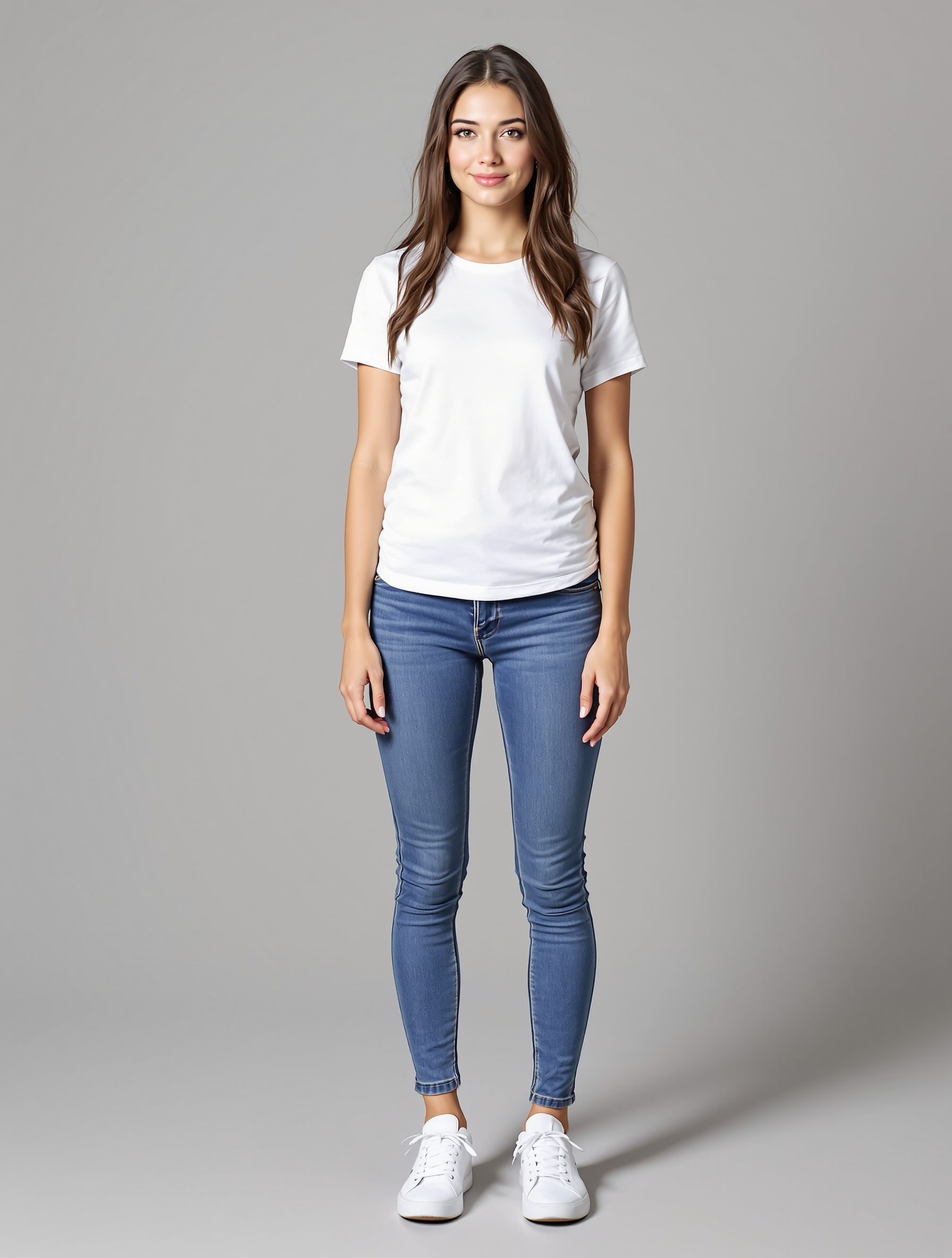 Woman in white t-shirt and blue jeans standing against gray background