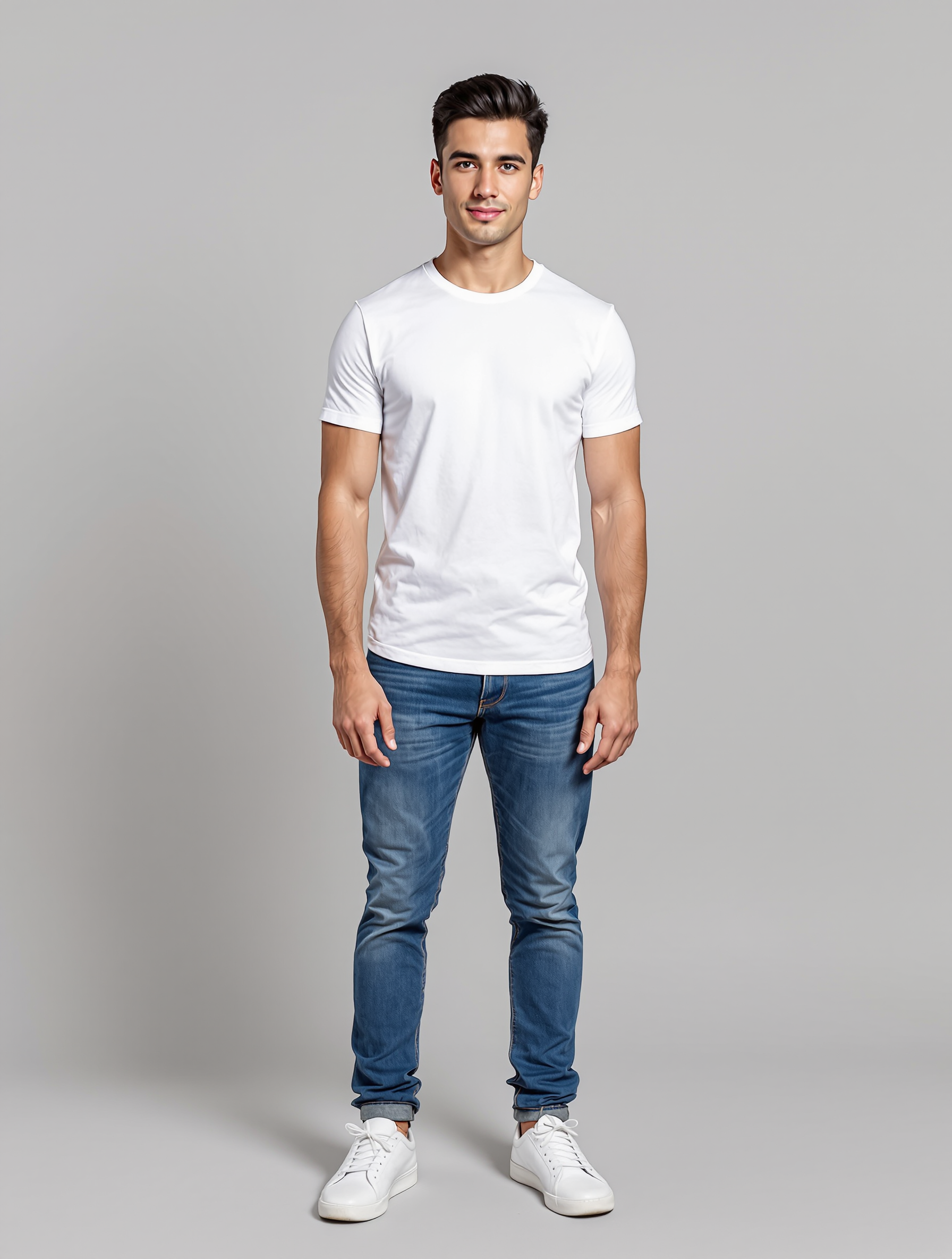 Man in white t-shirt and blue jeans standing against gray background