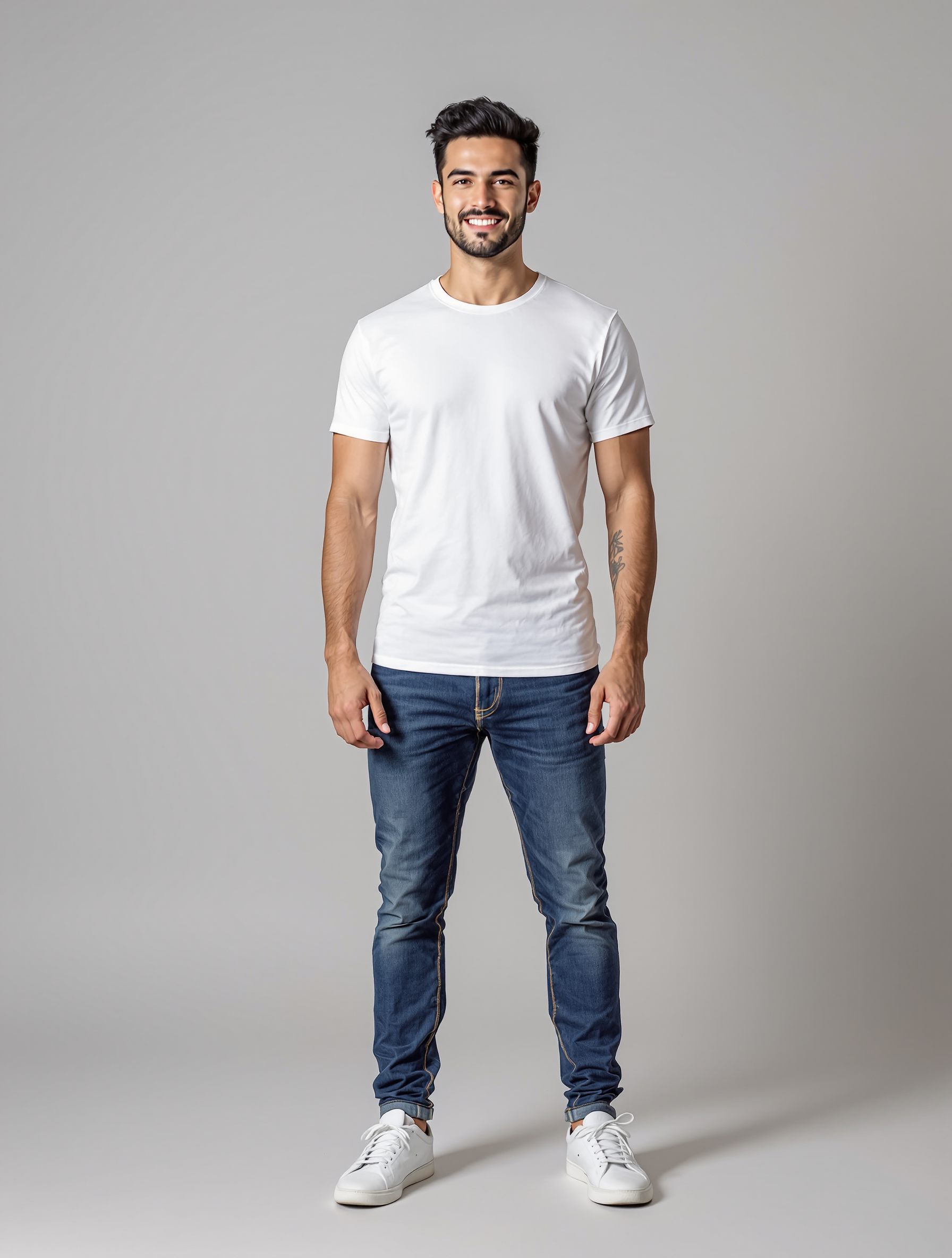 Man in white t-shirt and dark jeans standing against gray background