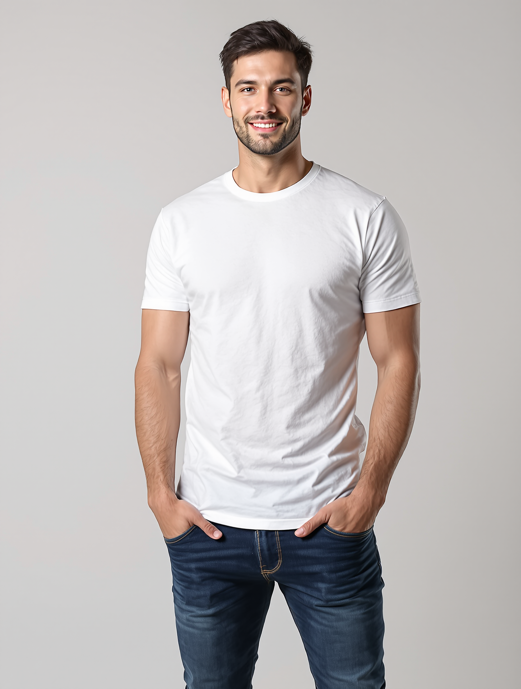 Man in white crew neck t-shirt and dark jeans smiling