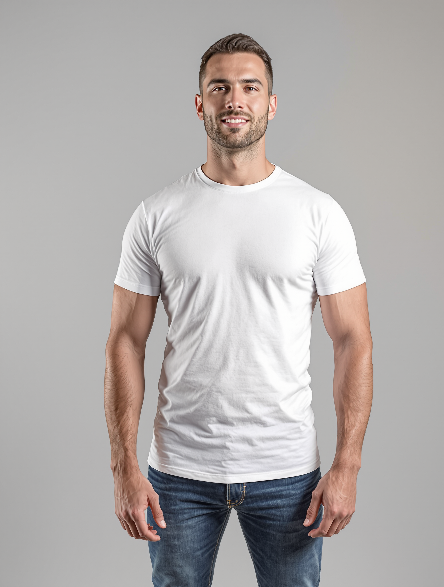 Man in white crew neck t-shirt and dark jeans