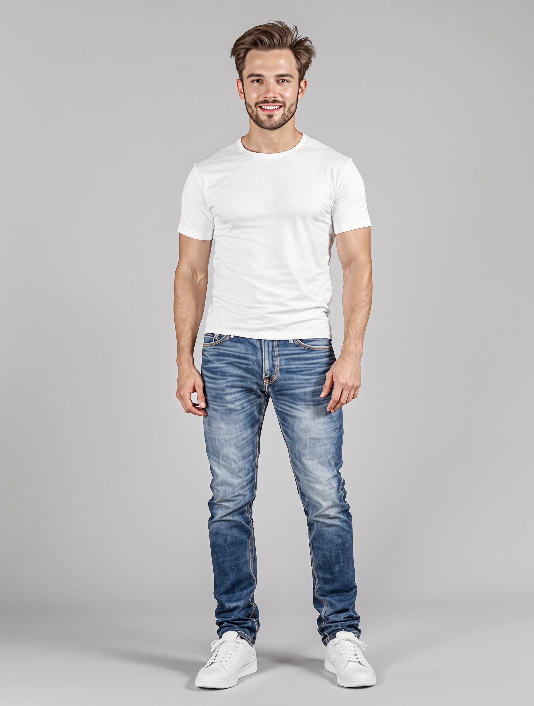 Man in white t-shirt and blue jeans smiling at camera