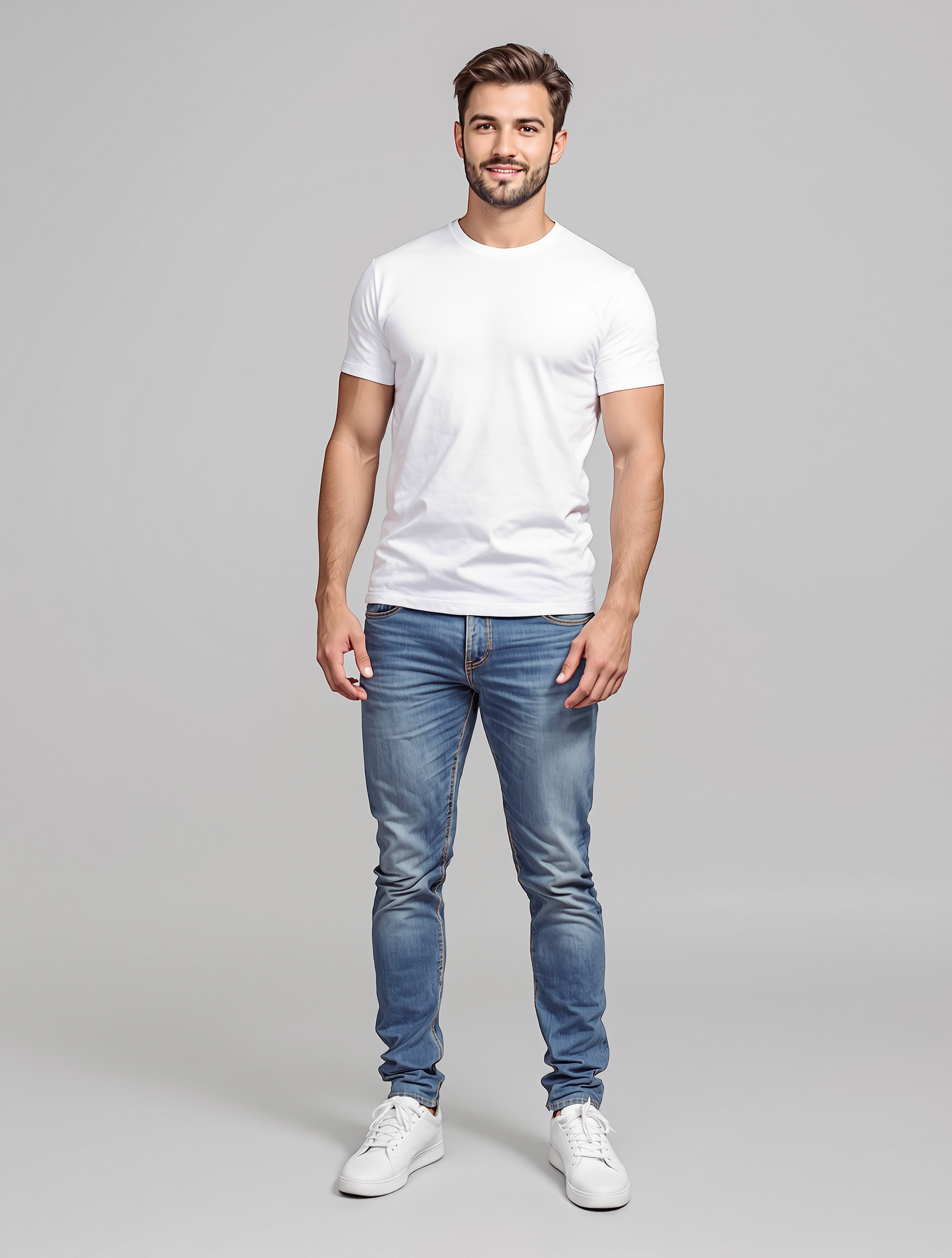 Man in white t-shirt and blue jeans standing against gray background