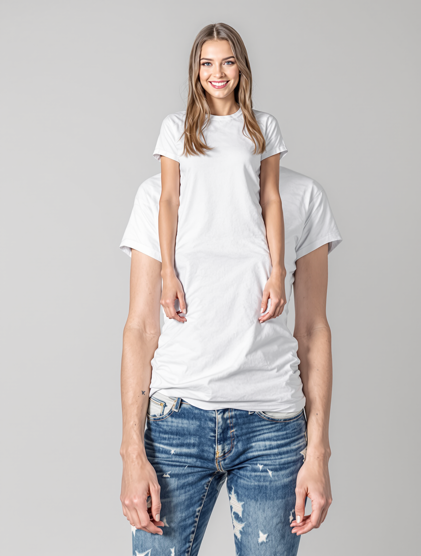 Woman in white t-shirt and distressed blue jeans smiling