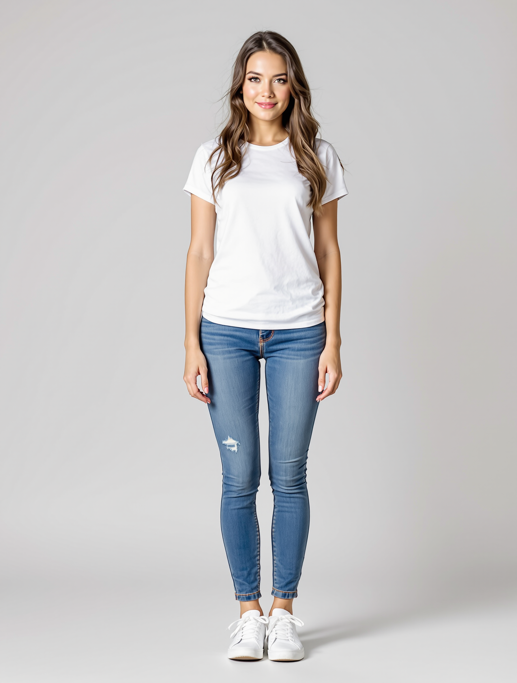 Woman in white t-shirt and distressed blue jeans