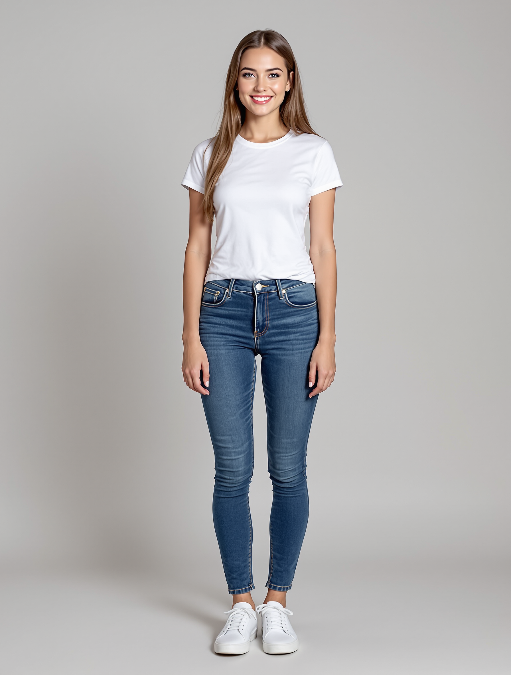Woman in white t-shirt and blue skinny jeans with white sneakers