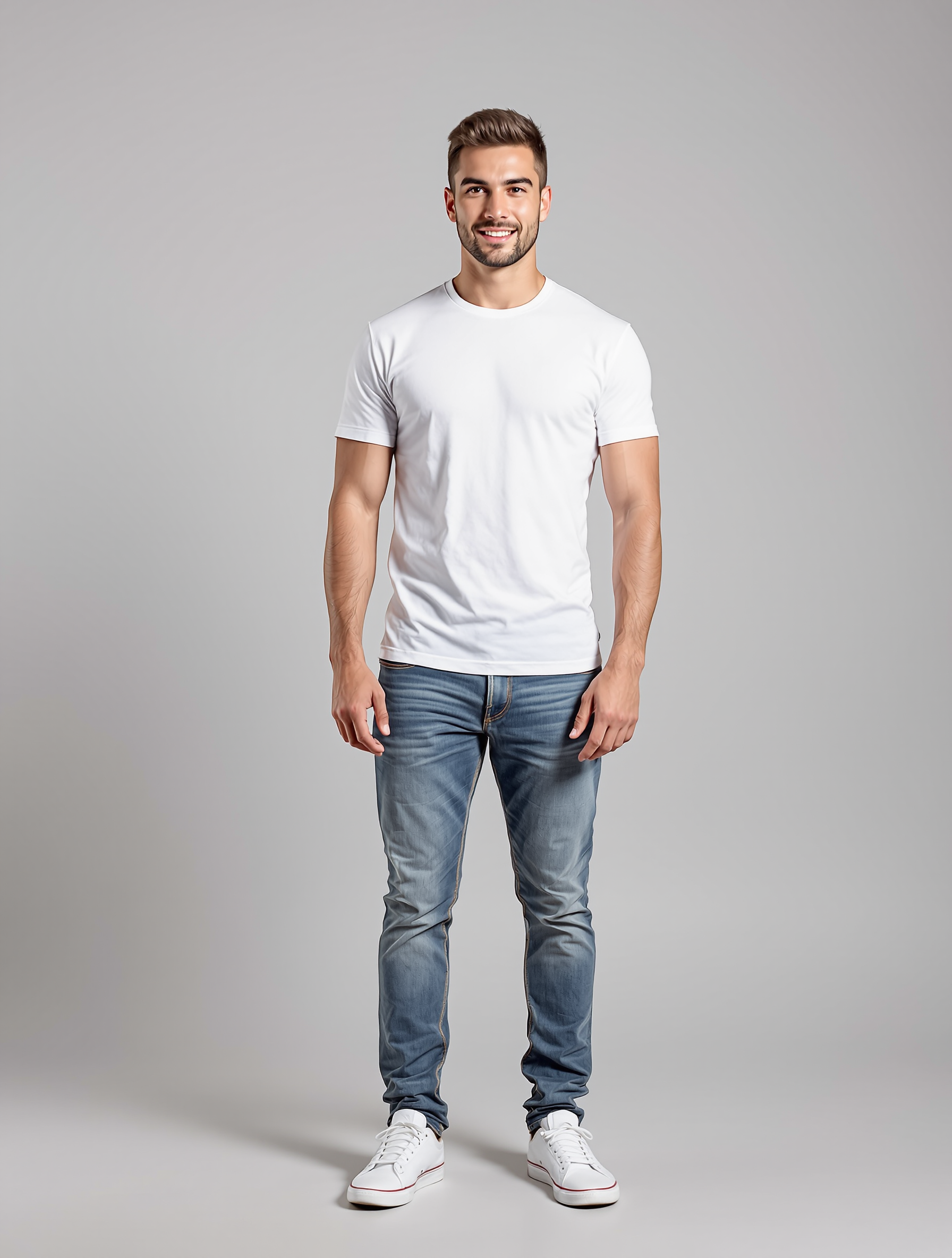 Man in white crew neck tee and blue jeans standing against gray background