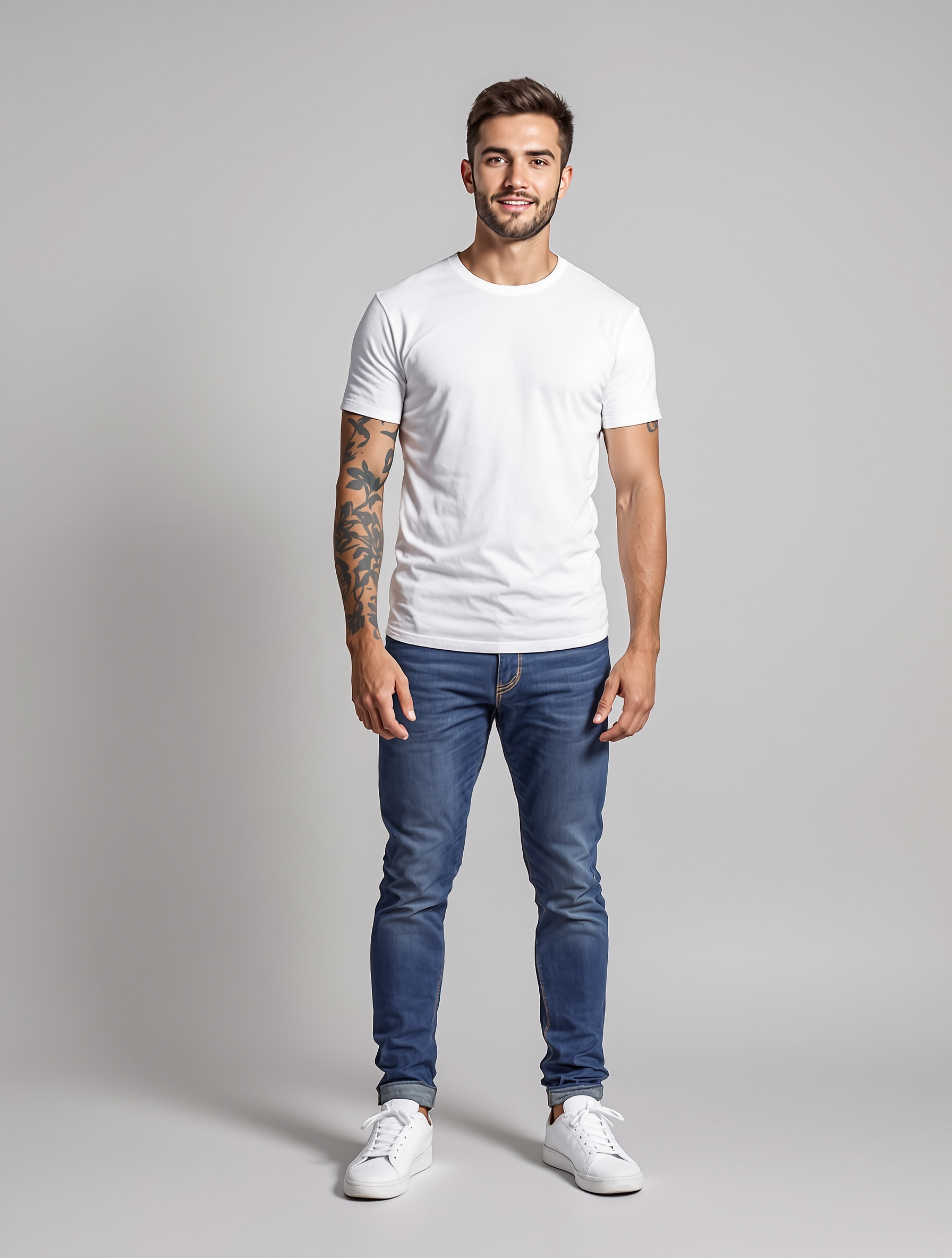 Man in white t-shirt and dark jeans with white sneakers
