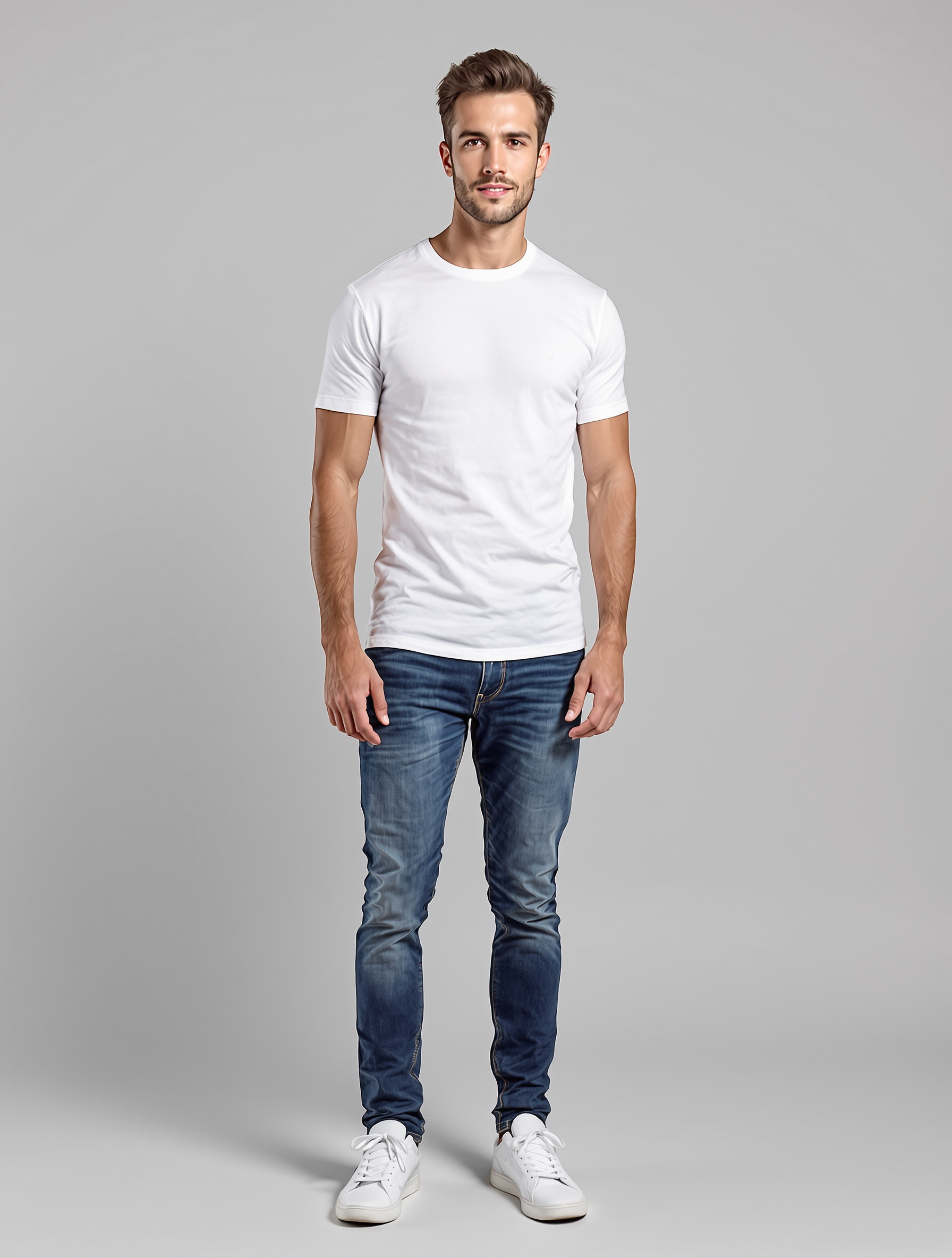 Man in white t-shirt and dark jeans with white sneakers