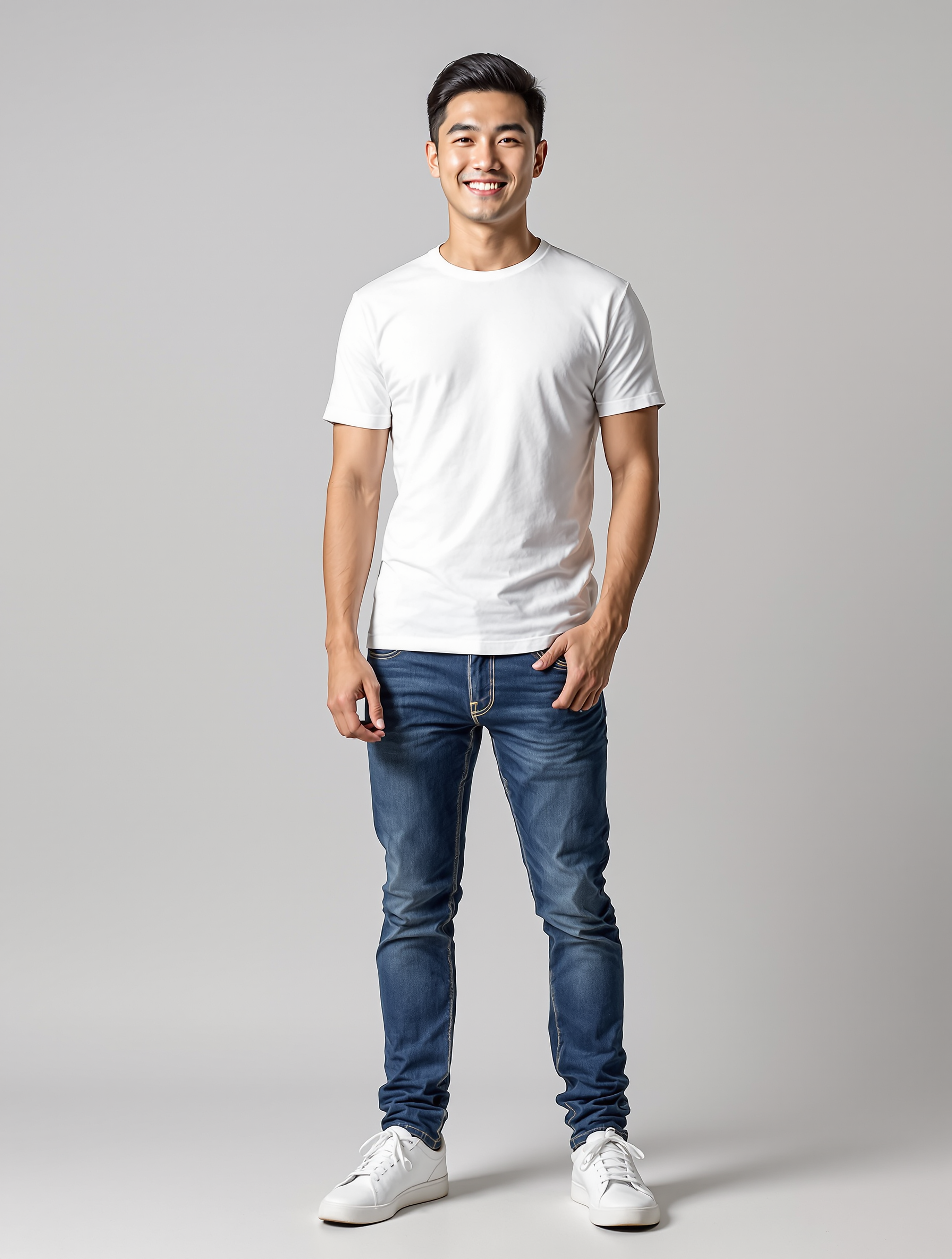 Young man in white t-shirt and dark jeans smiling