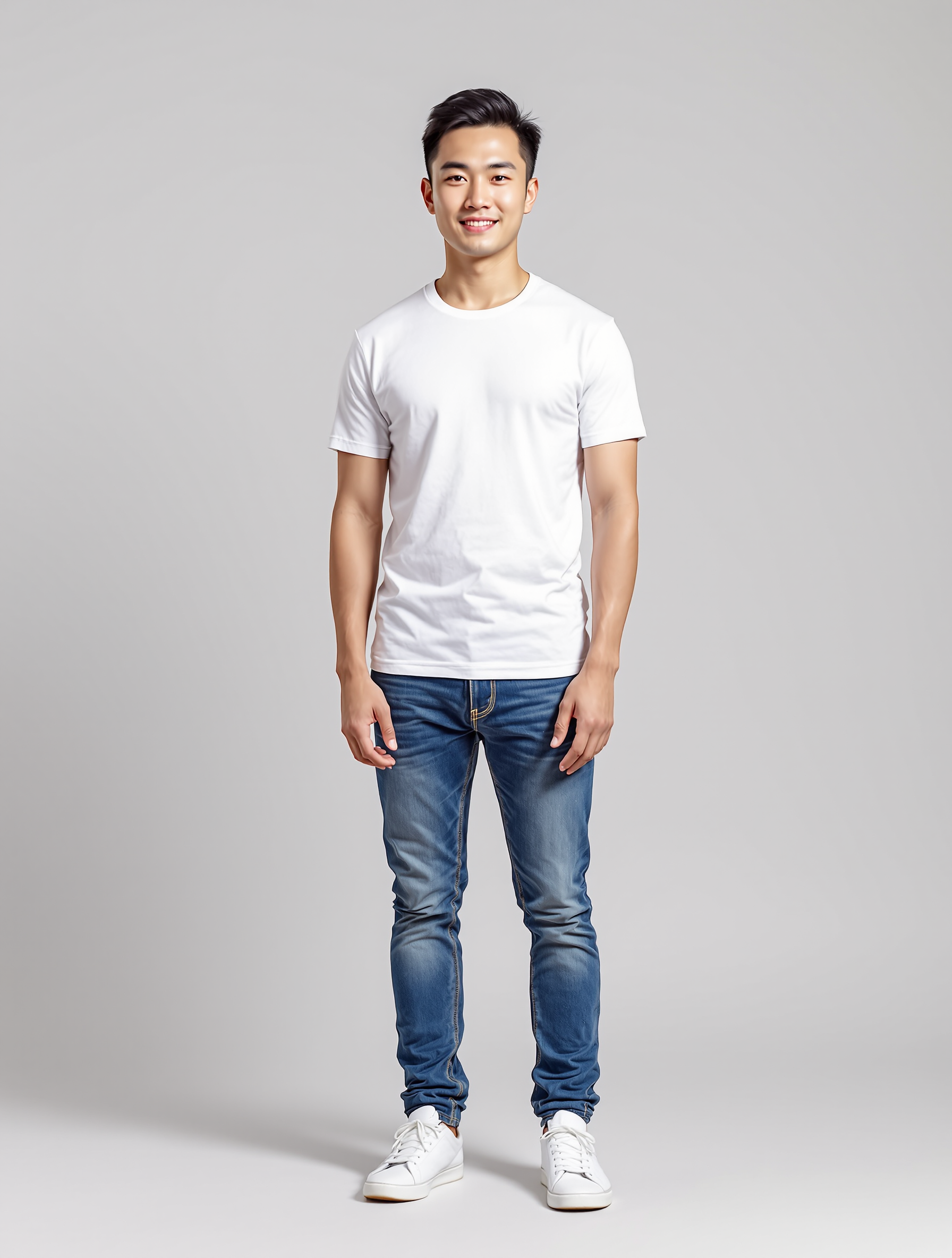 Man in white t-shirt and blue jeans standing against gray background