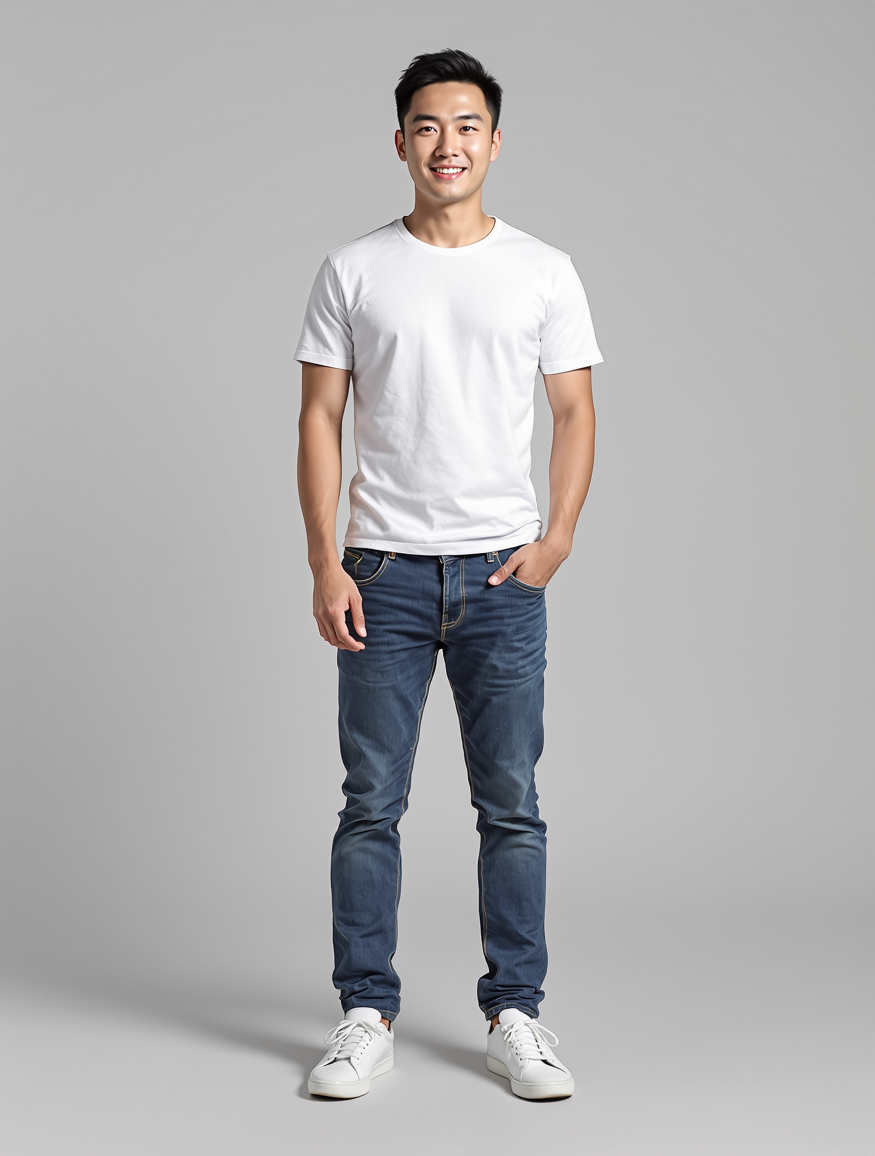 Man in white t-shirt and dark jeans with white sneakers