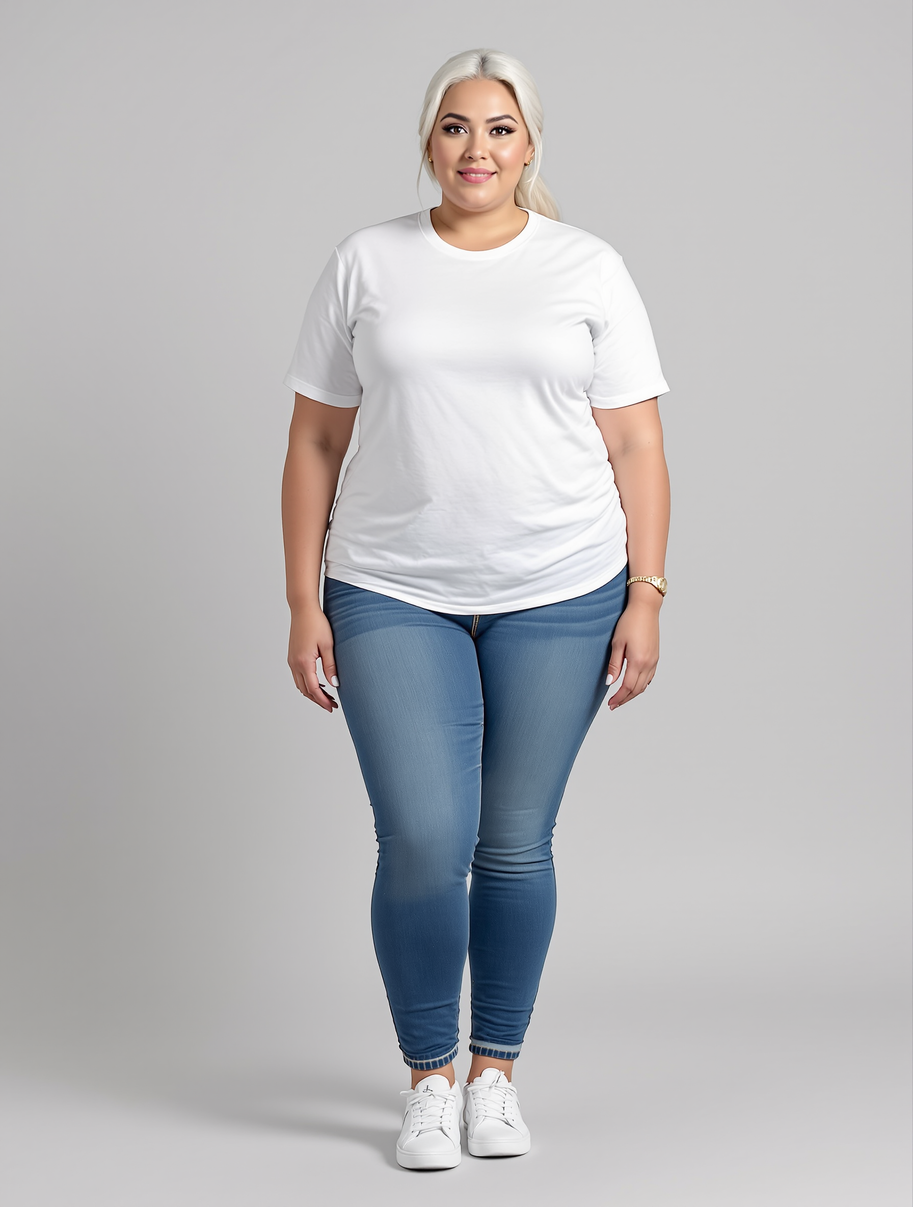 Person wearing white crew neck t-shirt and blue skinny jeans