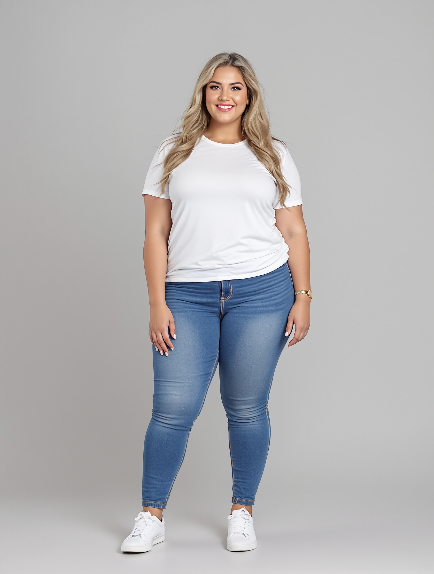 Woman in white t-shirt and blue jeans standing against gray background